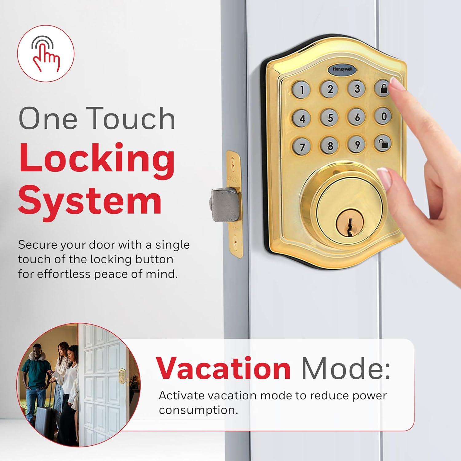 Honeywell Electronic Deadbolt- Polished Brass: Single Cylinder Door Lock, Steel & Plastic, Electric, Gold Finish