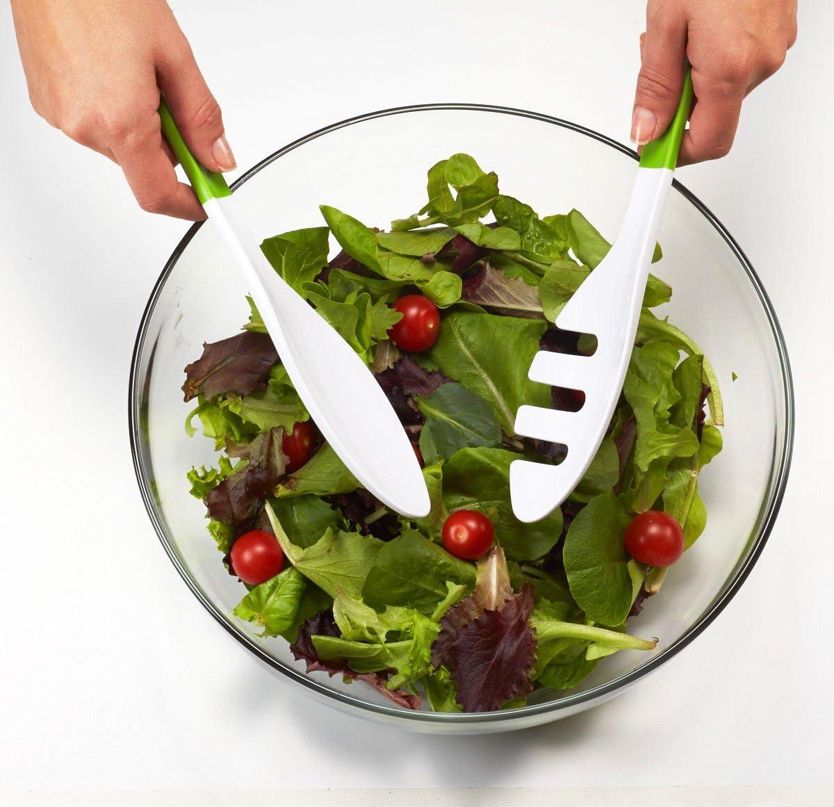 White and Green Lockable Salad Tongs with Soft-Touch Handle