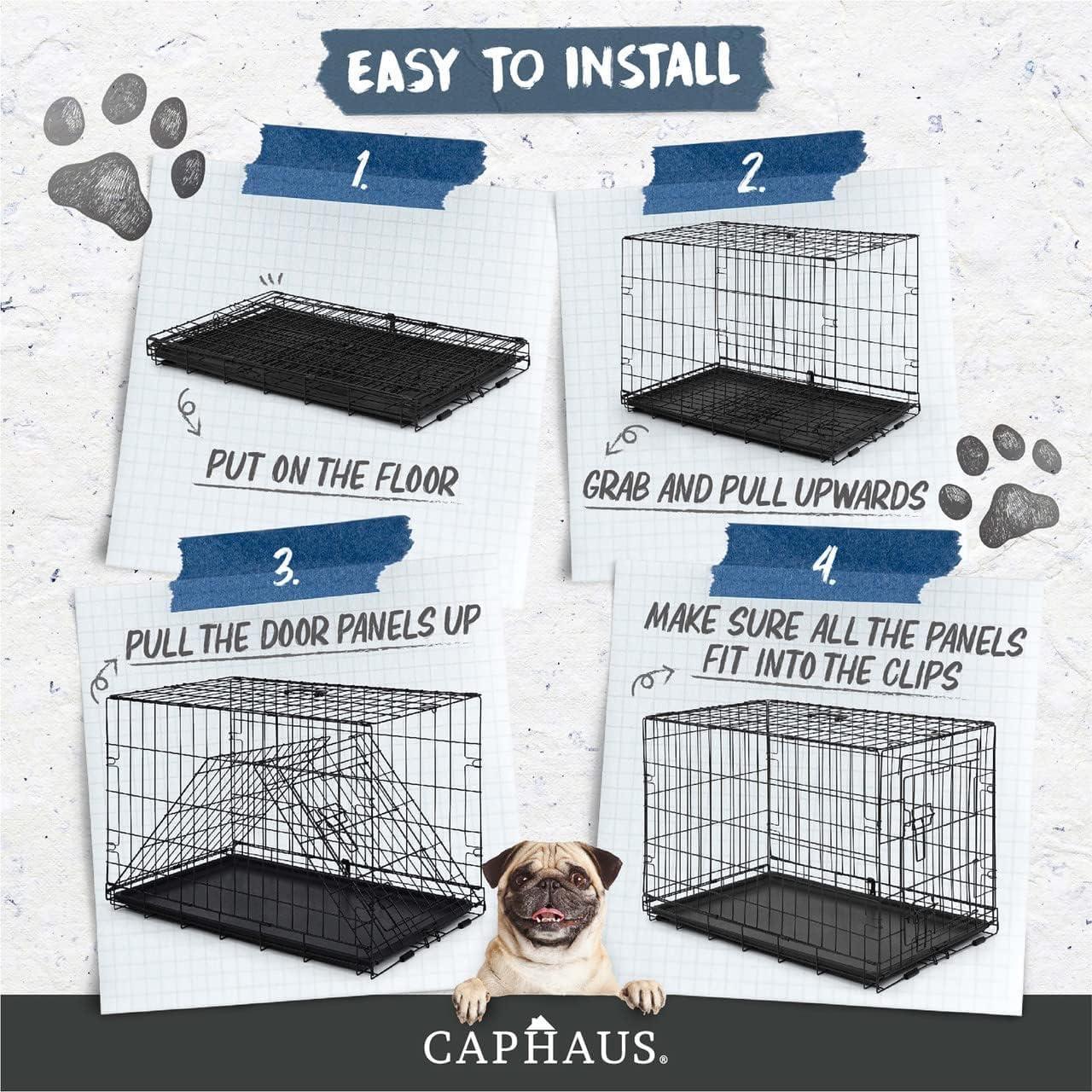 CAPHAUS Foldable Dog Crate Kennel w/Leak-Proof Pan & Divider Panel, Metal Crate, Small, Medium & Large Dog Crate Indoor Wire Cage, 42' w/Double Doors, Black