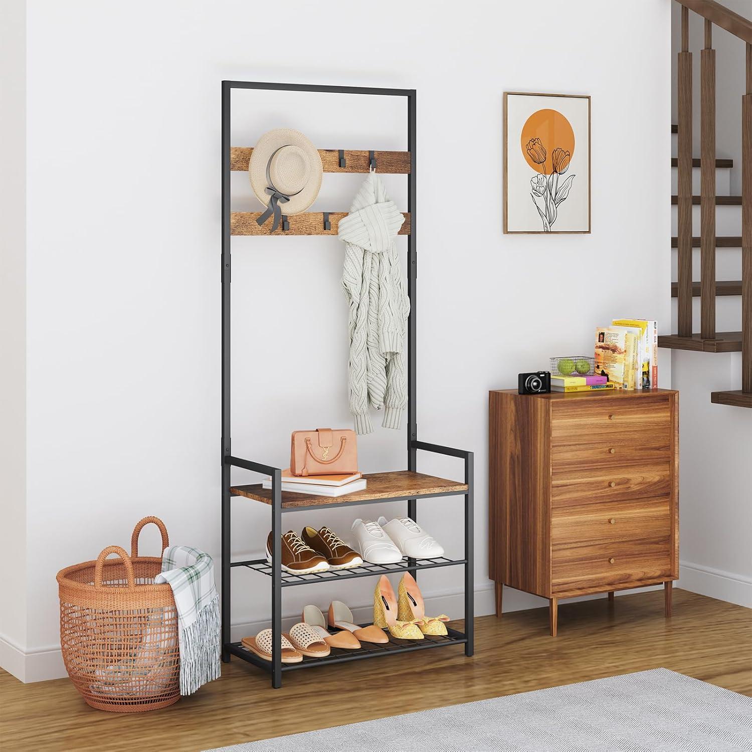 HOMEKOKO Coat Rack Shoe Bench, Hall Tree Entryway Storage Bench, Wood Look Accent Furniture with Metal Frame, 3-in-1 Design