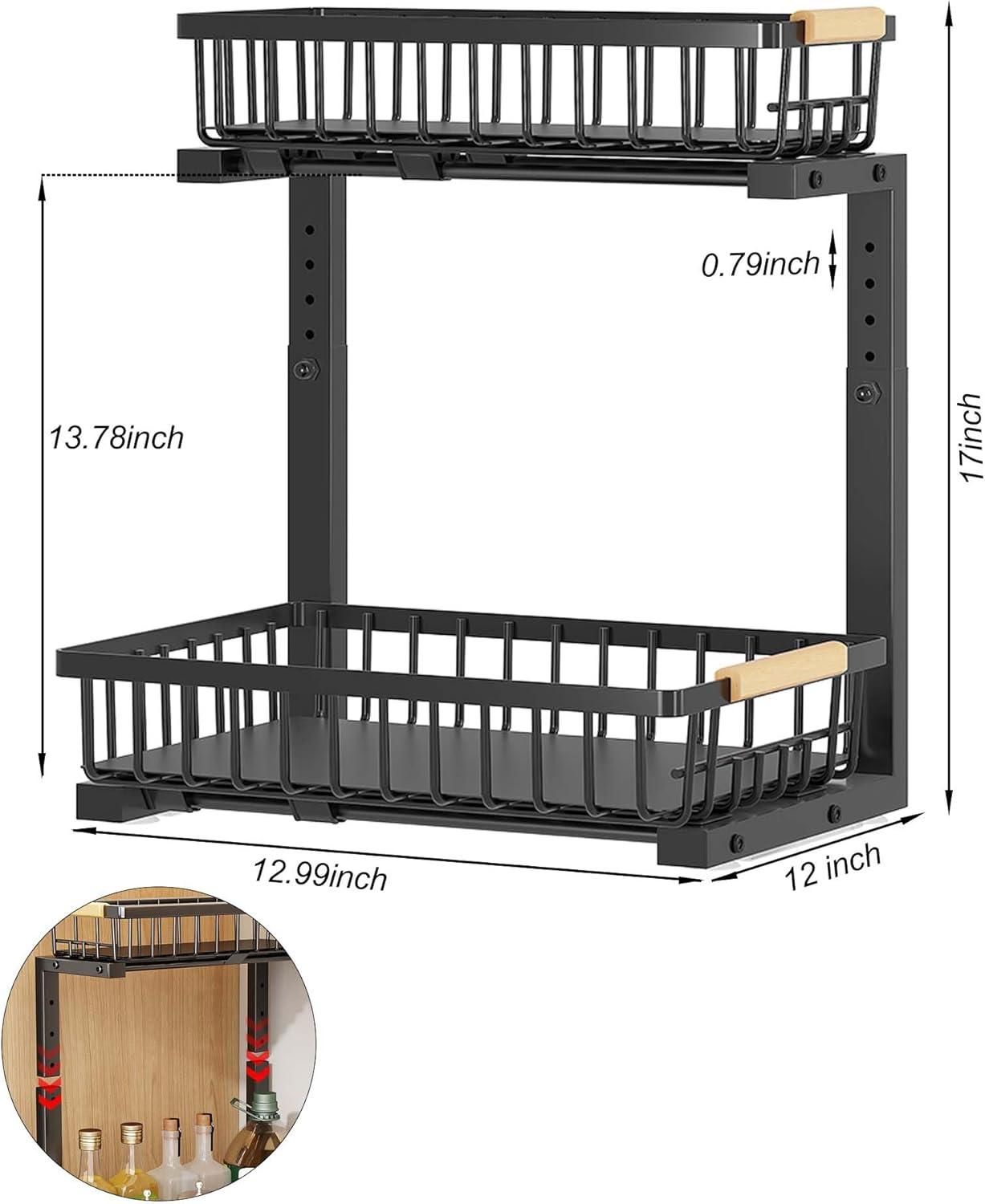 DELAMU 2 Pack Under Sink Organizers and Storage, Pull Out Trash Can Under Cabinet, 2 Tier Bin Organizer with Hooks and Haning Cups, Multi-Purpose Sliding Under Cabinet Organizer