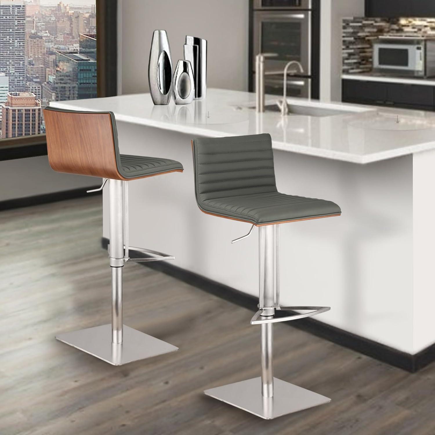 Cafa Adjustable Swivel Walnut Wood and Stainless Steel Metal Bar Stool