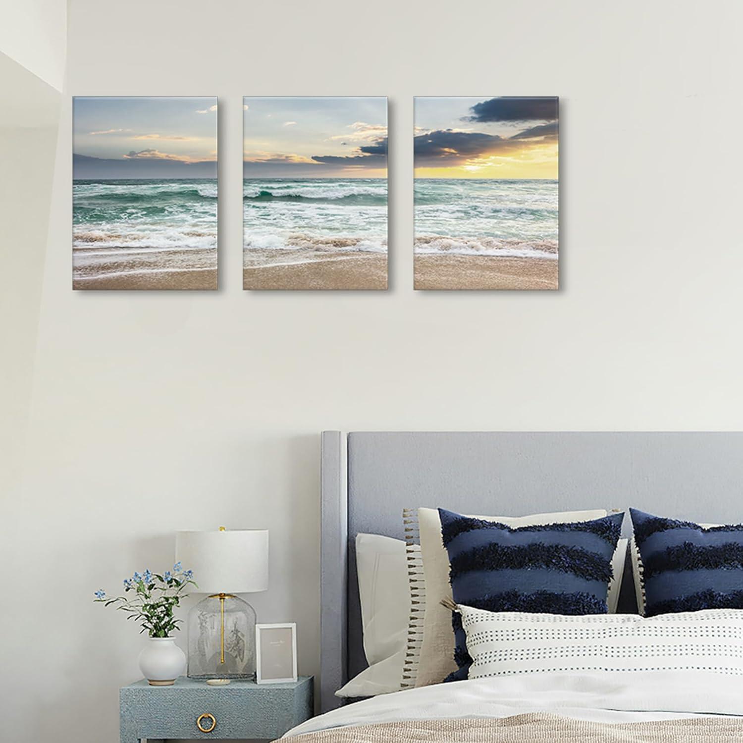 Asdg12s-3 Panel Wall Art Blue Sea Sunset White Beach Painting The Picture Print On Canvas Seascape The Pictures for Home Decor Decoration,Ready to Hang
