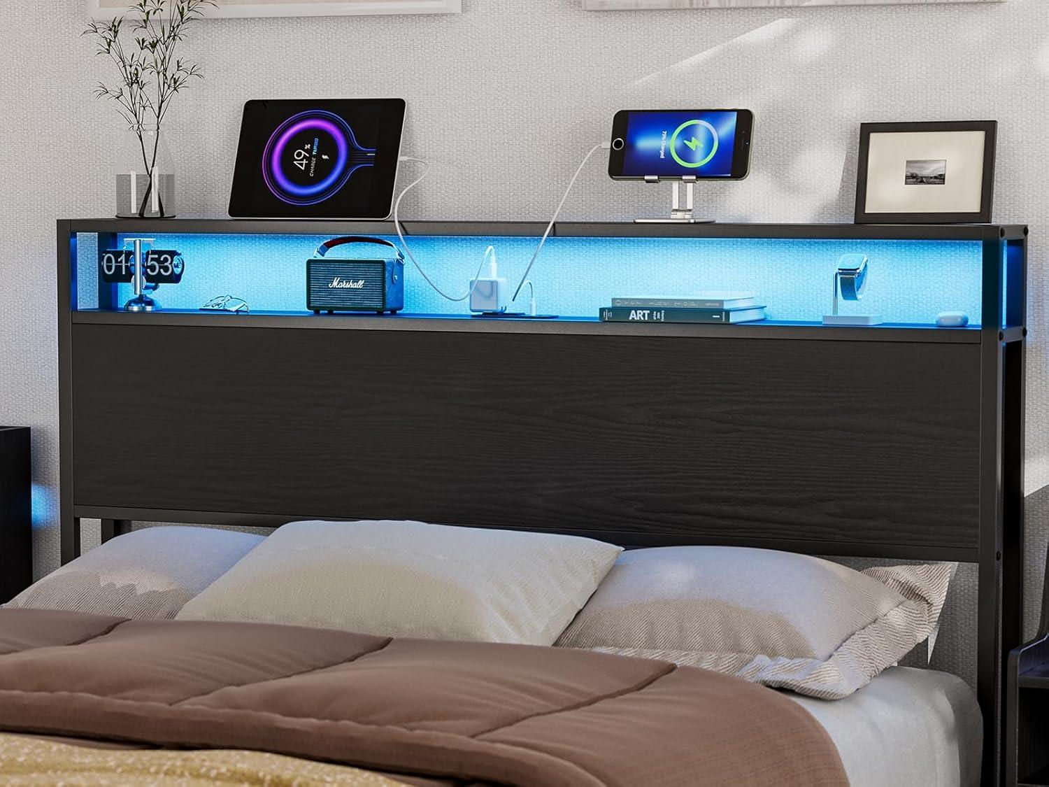 Ivy Bronx Kaiwei Storage Headboard With Led Lights & Charging Station - Industrial Metal And Wood