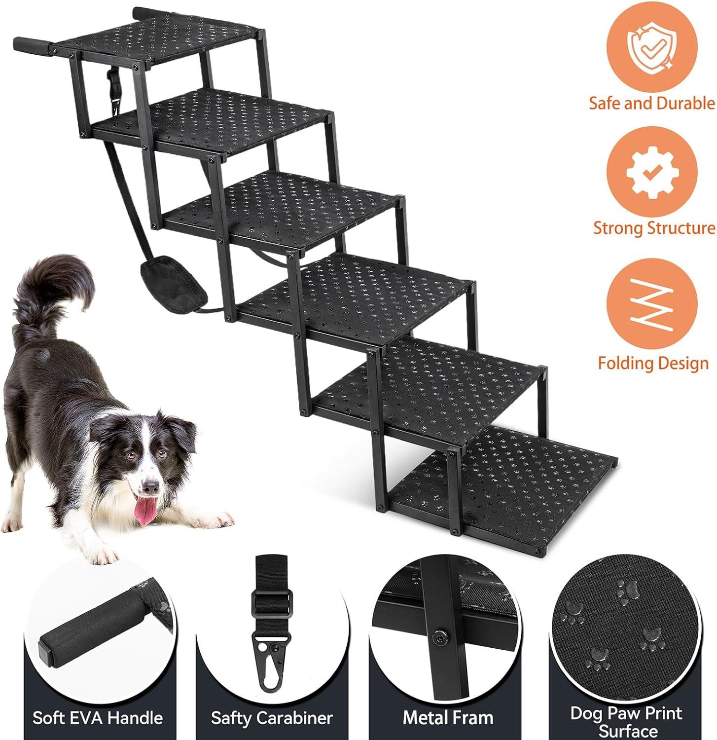 Foldable Black Metal Dog Stairs with Non-Slip Surface