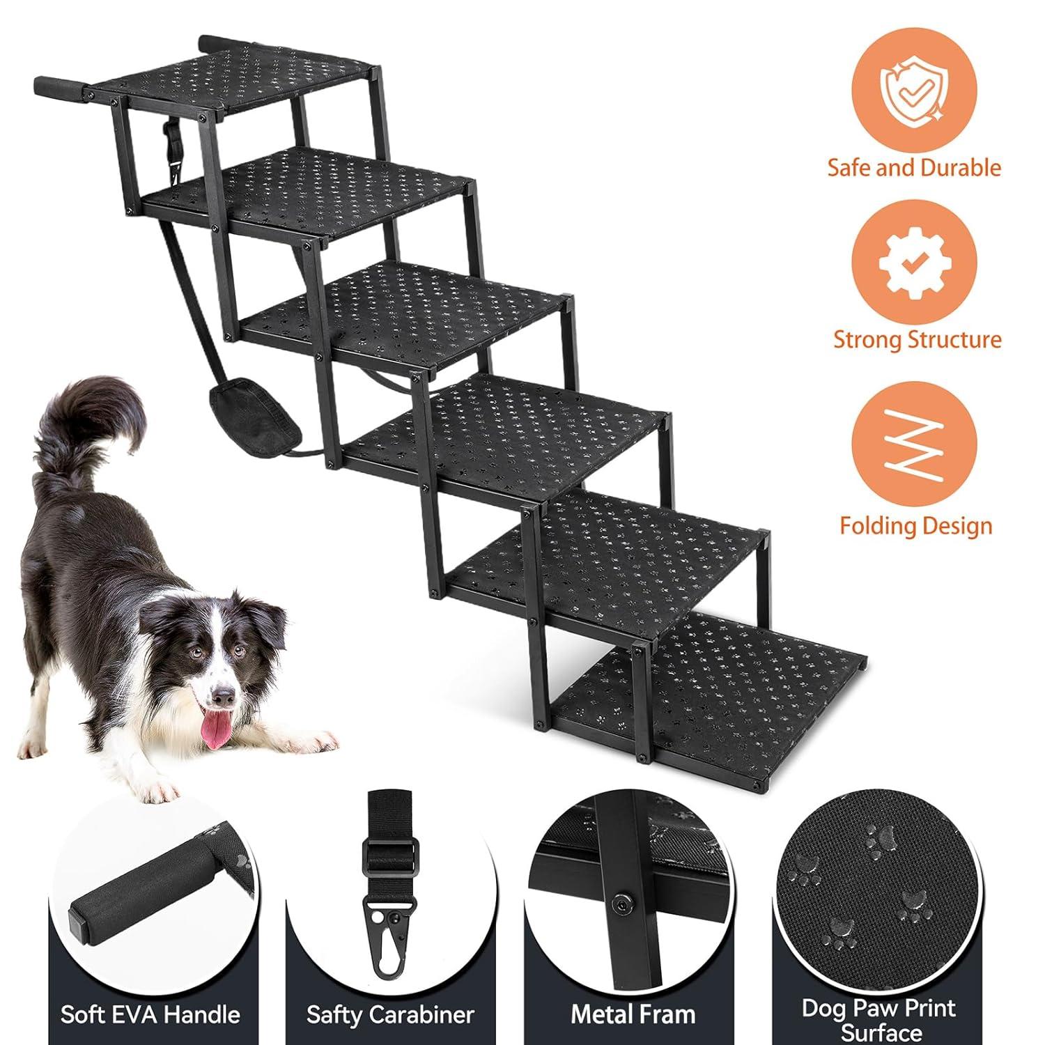 Dog Stairs for Car - Foldable Dog Ramps for Large Dogs with Non Slip Surface, Portable Dog Steps for Cars and SUV, Truck, Support Up to 200 Lbs, 6 Steps