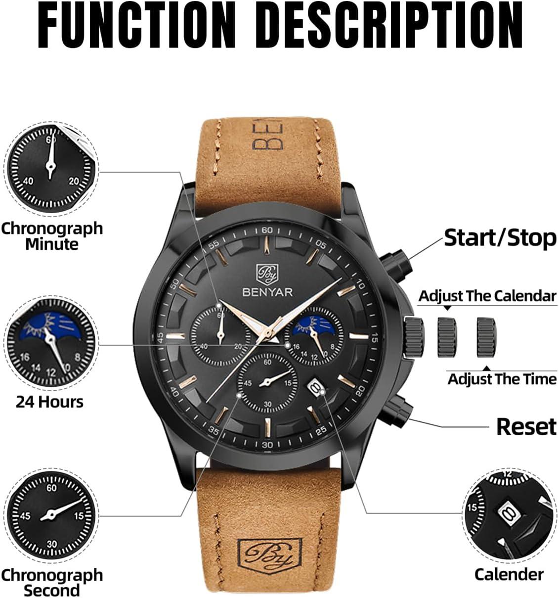 BY BENYAR Mens Watches Analog Quartz Chronograph Waterproof Wrist Watches for Men Fashion Business Work Casual Sport Designer Dress Watch with Calendar Elegant Gifts for Men