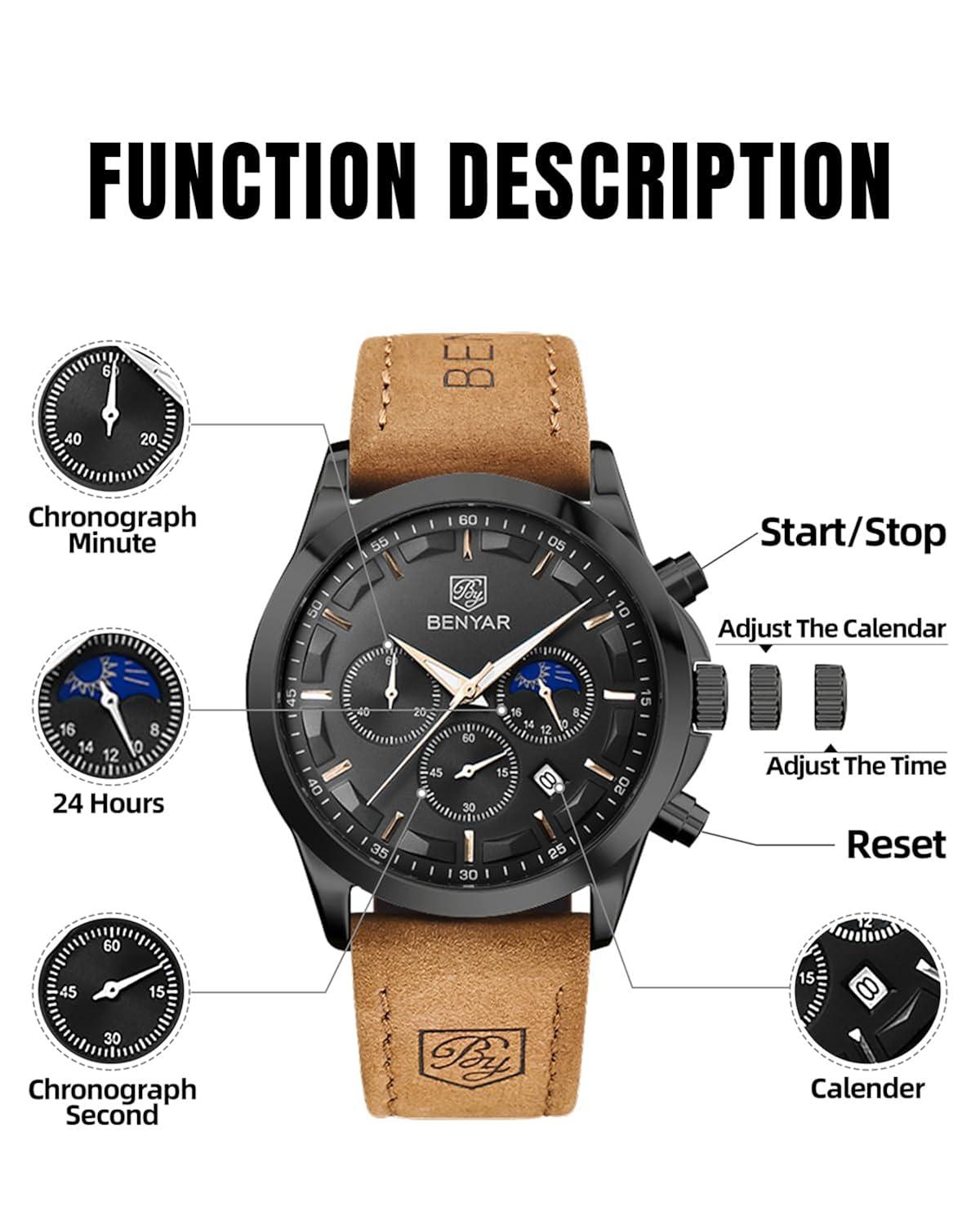 BY BENYAR Mens Watches Analog Quartz Chronograph Waterproof Wrist Watches for Men Fashion Business Work Casual Sport Designer Dress Watch with Calendar Elegant Gifts for Men