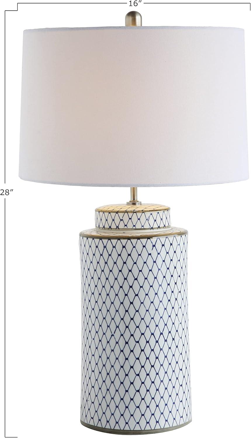 Indigo and White Ceramic Table Lamp with Linen Shade