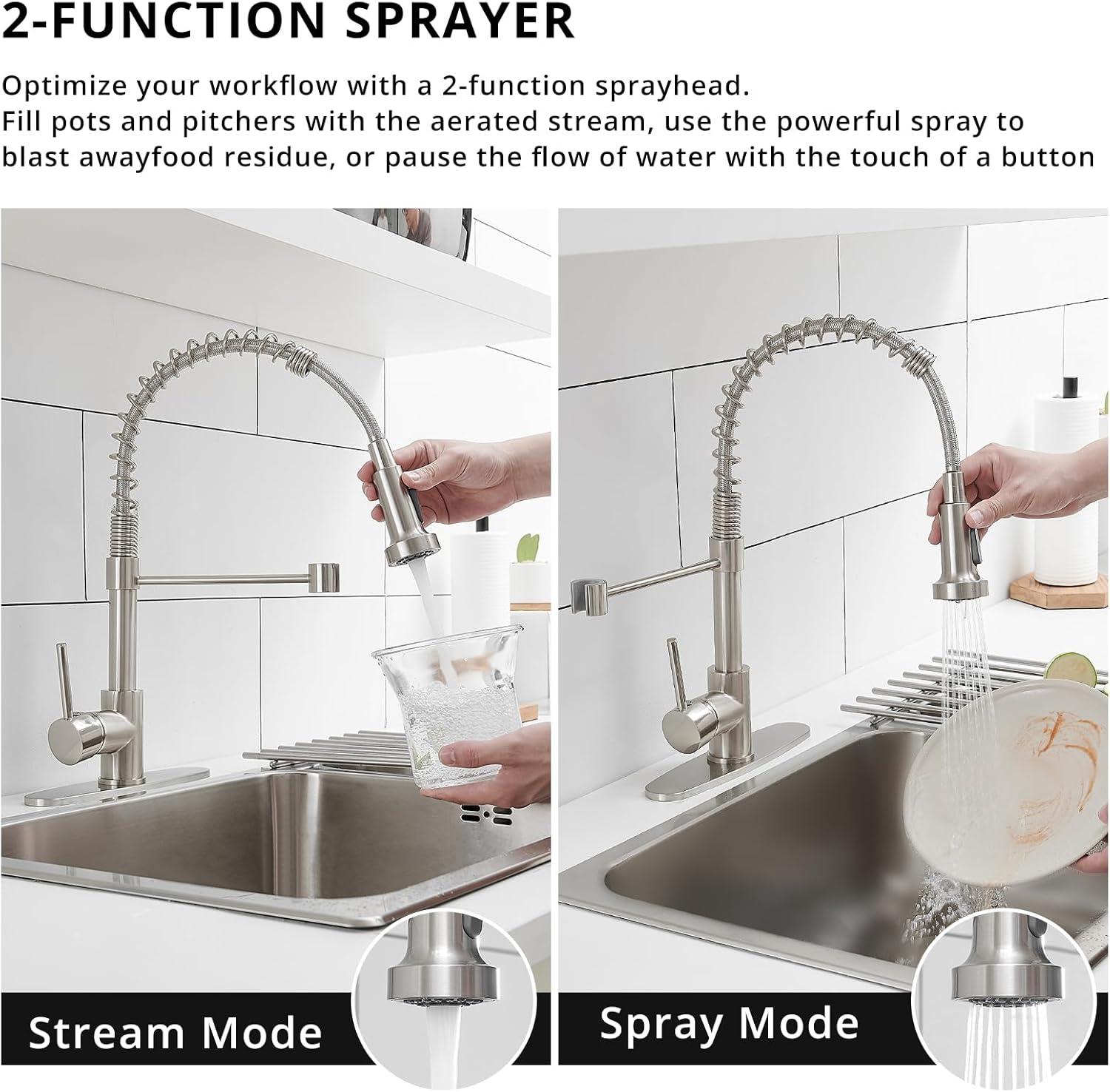 Brushed Nickel Kitchen Faucet With Pull Down Sprayer, Stainless Steel Kitchen Sink Faucets