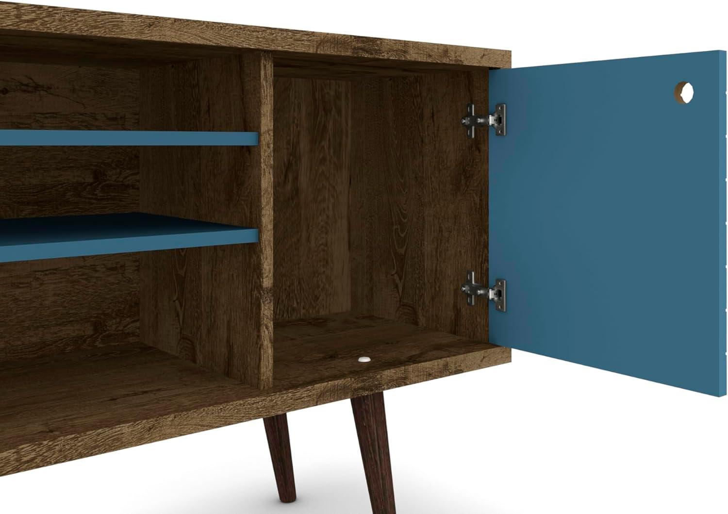 Liberty 53.14" Mid Century - Modern TV Stand with 5 Shelves & 1 Door with Solid Wood Legs, Brown & Blue