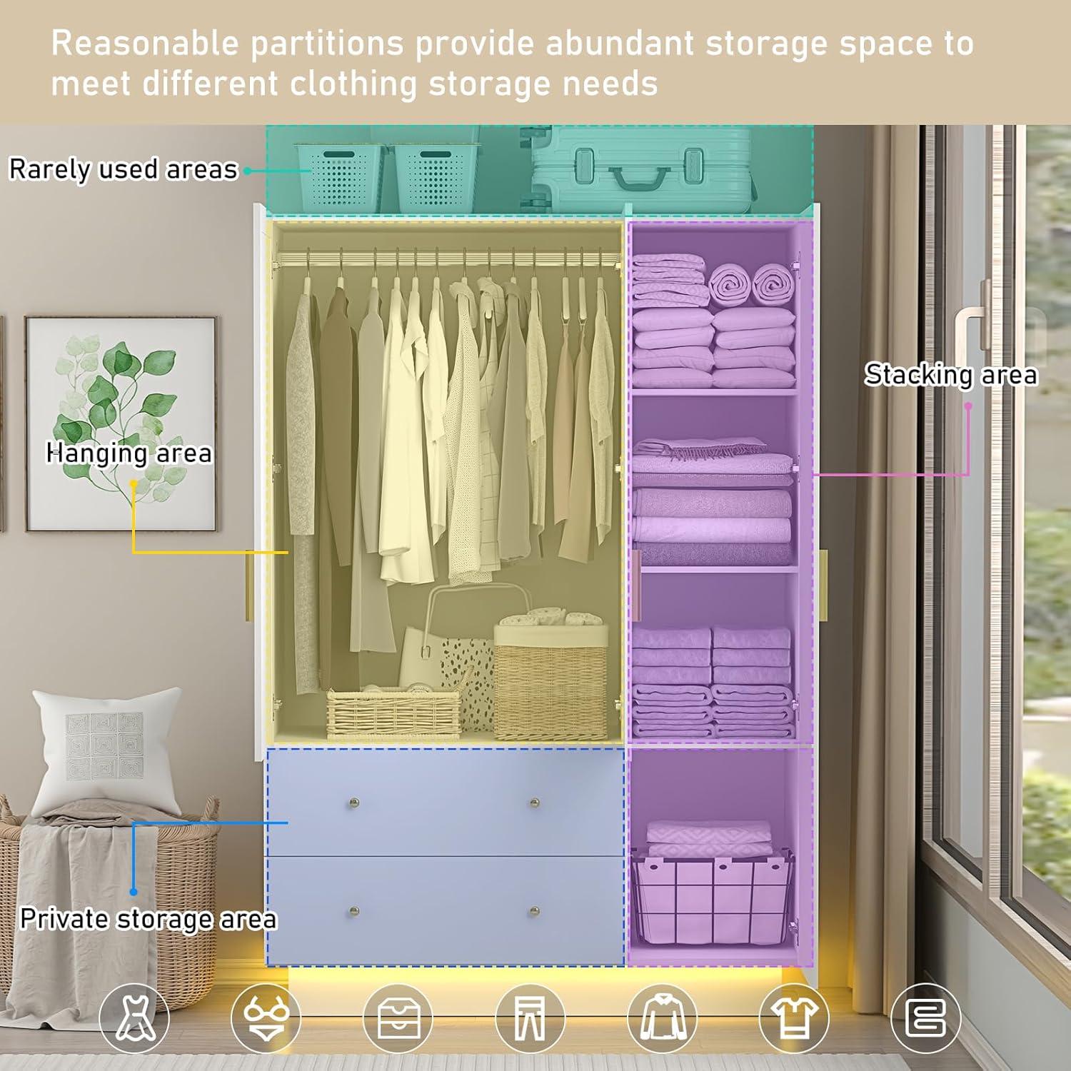 Armoire Wardrobe Closet With Mirror & Led Light, 4 Door Wooden Storage Cabinet With Drawers, Spacious Armoire With Hanging Rod & Adjustable Shelves