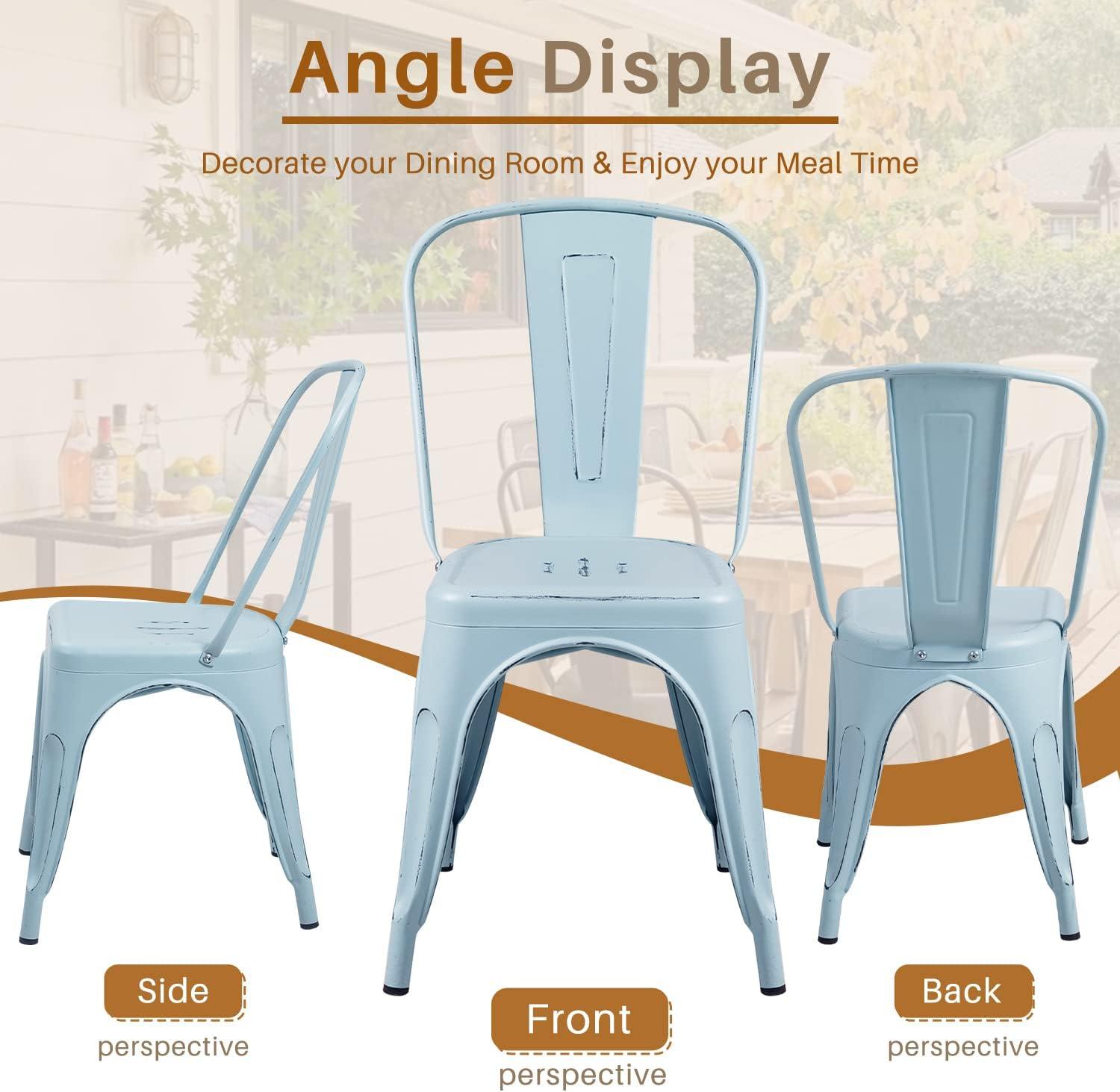Furmax Metal Dining Chair Indoor Outdoor Use Stackable Chic Side Classic Trattoria Metal Chairs Set of 4 for Kitchen, Dining Room, Bistro and Cafe (Distressed White)