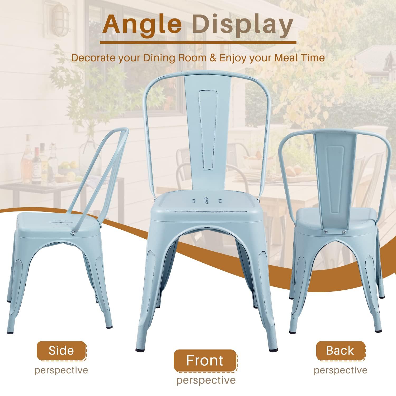 Furmax Metal Dining Chair Indoor Outdoor Use Stackable Chic Side Classic Trattoria Metal Chairs Set of 4 for Kitchen, Dining Room, Bistro and Cafe (Distressed White)