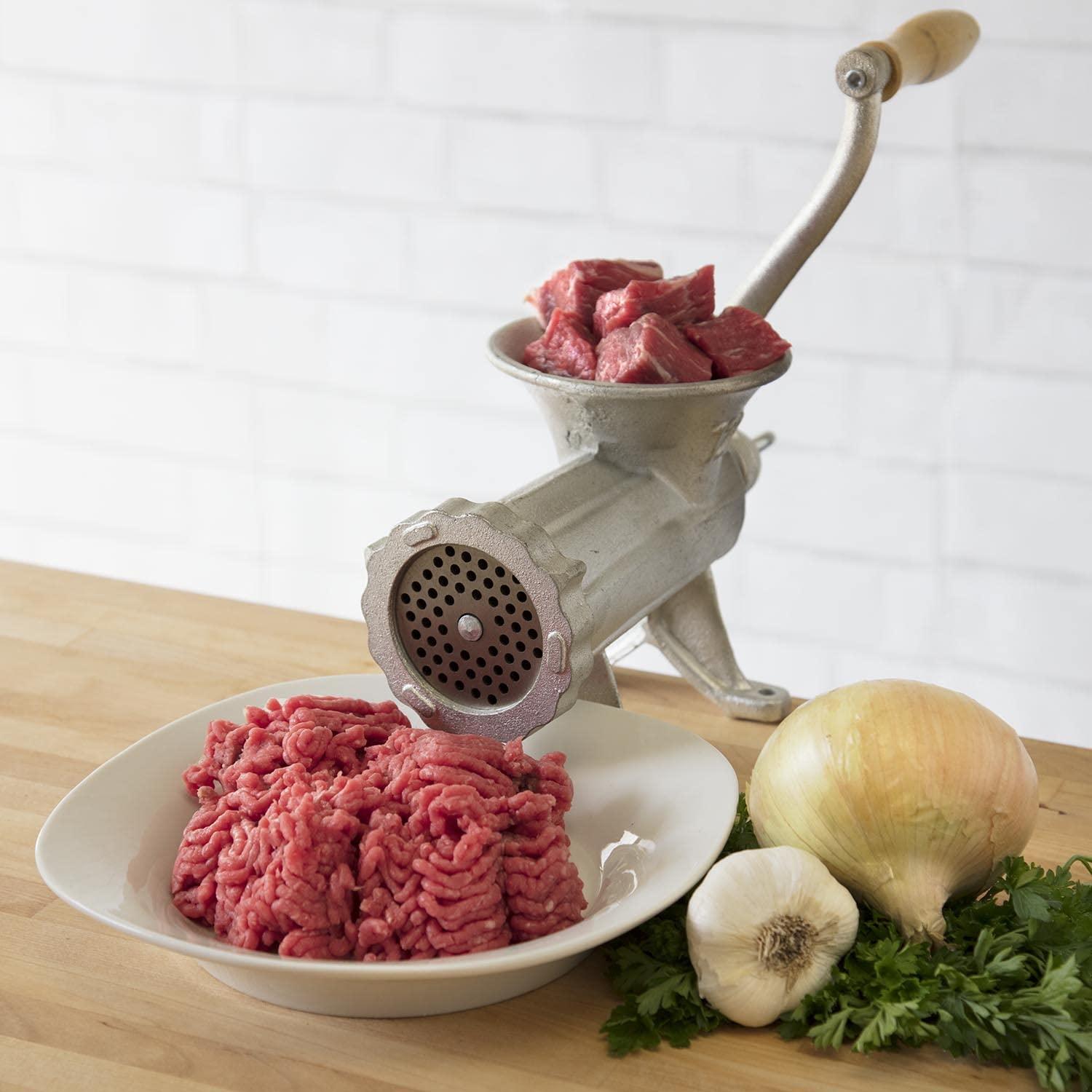 Cast Iron Table Mount Meat Grinder - Manual Mincer w Two 3/4" Cutting Disks & Sausage Stuffer Funnel - Make Homemade Burgers, Cooking Tool Must Have