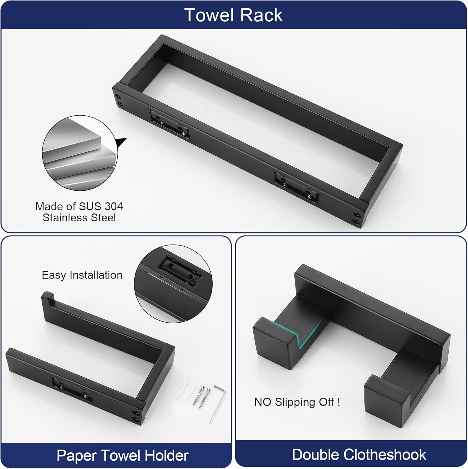 3 Pieces Matte Black Bathroom Hardware Accessories Set,SUS304 Stainless Steel Towel Holder Set Towel Holder Robe Hook Toilet Paper Holder Wall Mounted