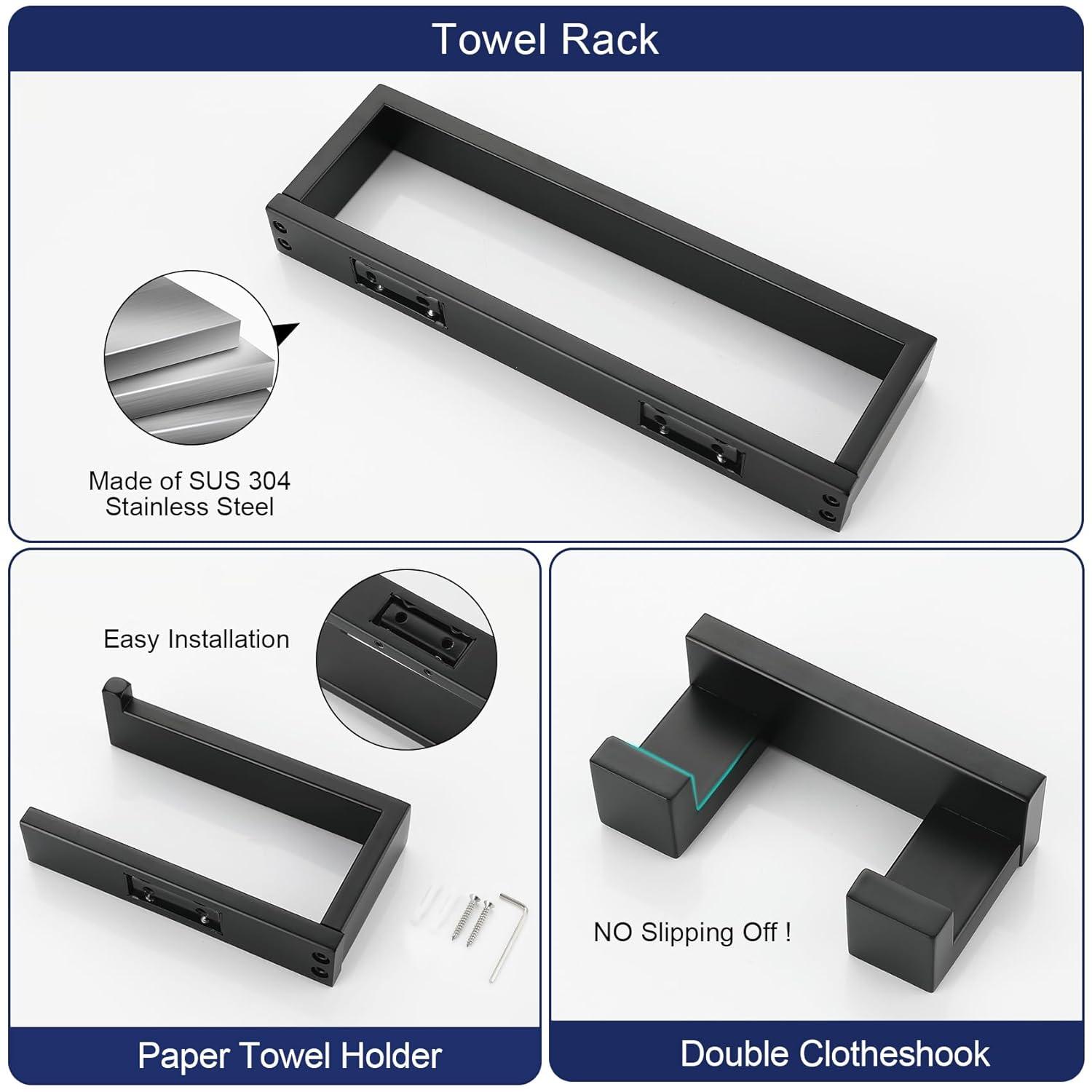 3 Pieces Matte Black Bathroom Hardware Accessories Set,SUS304 Stainless Steel Towel Holder Set Towel Holder Robe Hook Toilet Paper Holder Wall Mounted