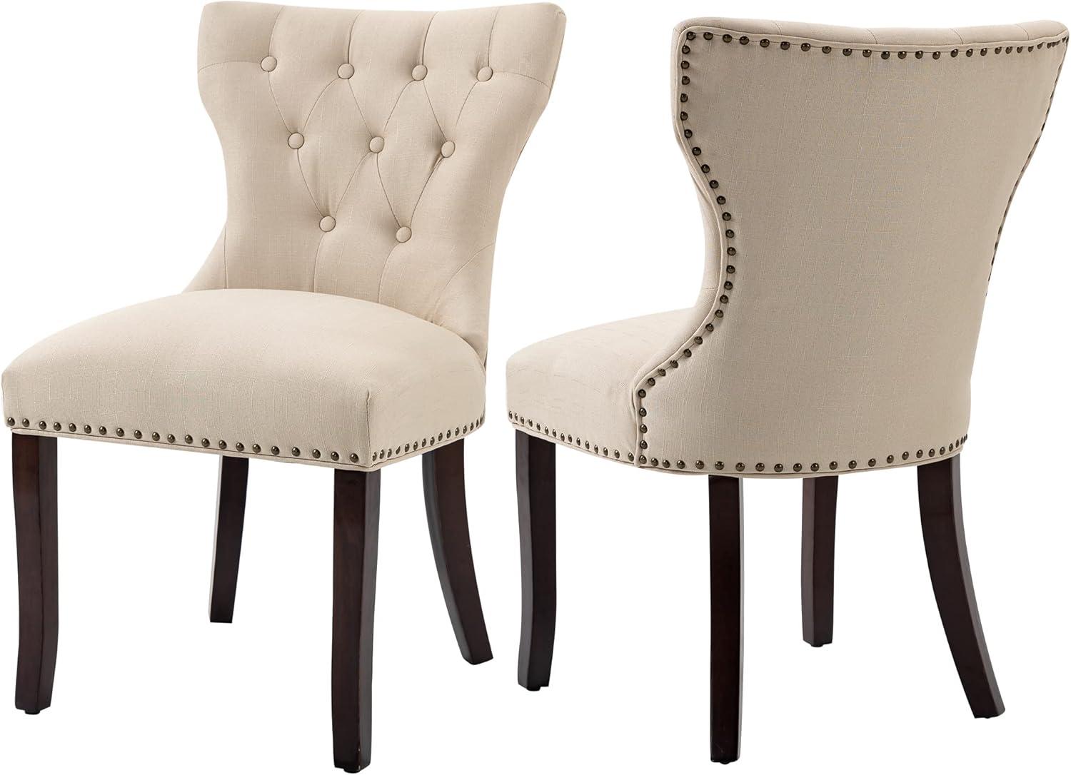 Beige Upholstered Tufted Side Chairs with Nailhead Trim, Set of 2