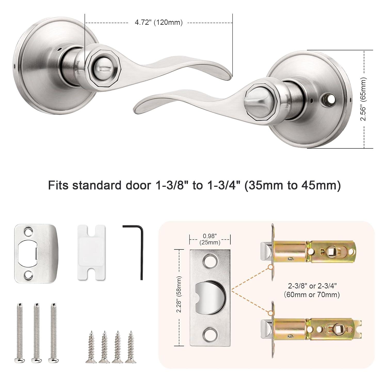 Probrico Privacy Door Levers Interior Door Handles Levers, Wave Style Bed Bath Door Handles Lock Keyless, Satin Nickel Door Lever Lockset 6 Pack