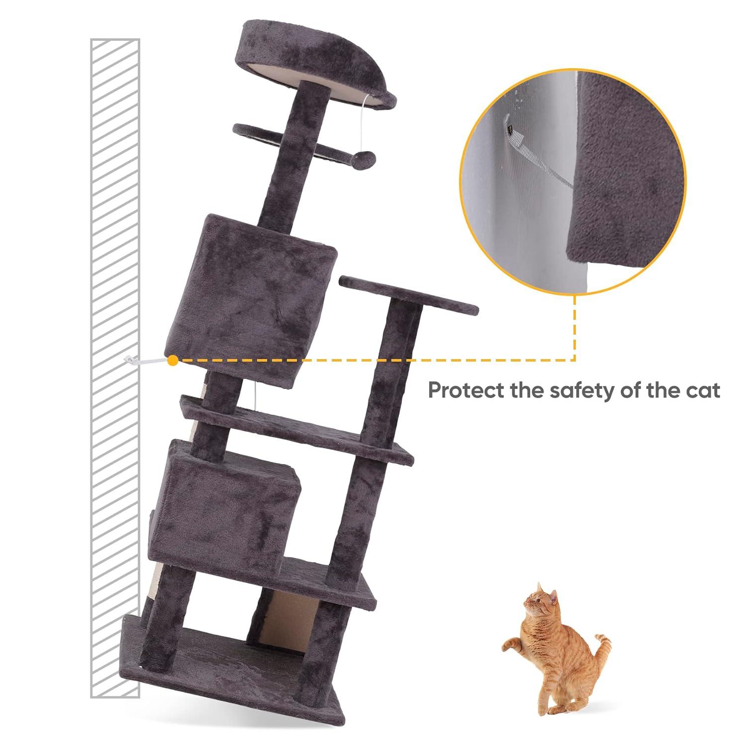 53 Inches Multi-Level Cat Tree Furniture Kitten Activity Play House Bed Pet Kitty Climbing Tower with Scratching Posts/Plush Perch/Scratcher Ladder/Tunnel for Cats,Kittens,Pets (Grey)