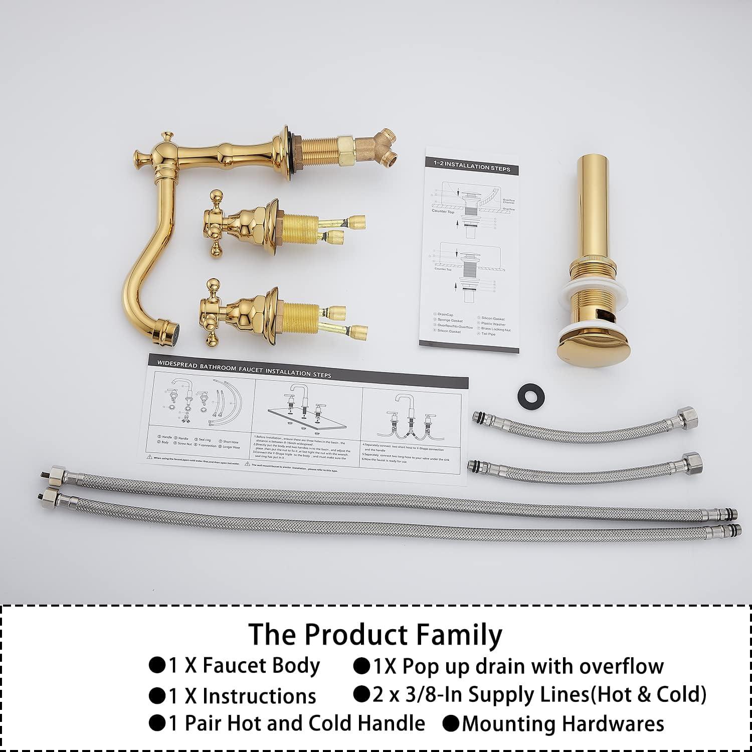 GGStudy 8-16 inch Two Handles 3 Holes Widespread Bathroom Sink Faucet Gold Basin Mixer Tap Faucet Matching Metal Pop Up Drain with Overflow