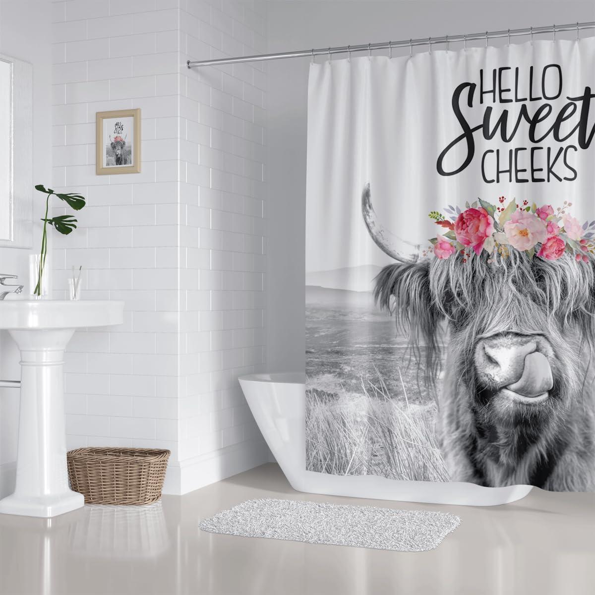 Farmhouse Highland Cow Shower Curtain Wildlife Bull Cattle Western Farm Grassland Vintage Rustic Animal Country Home Bathroom Decor Waterproof Fabric 72Lx72W Inch with Plastic 12PCS Hooks