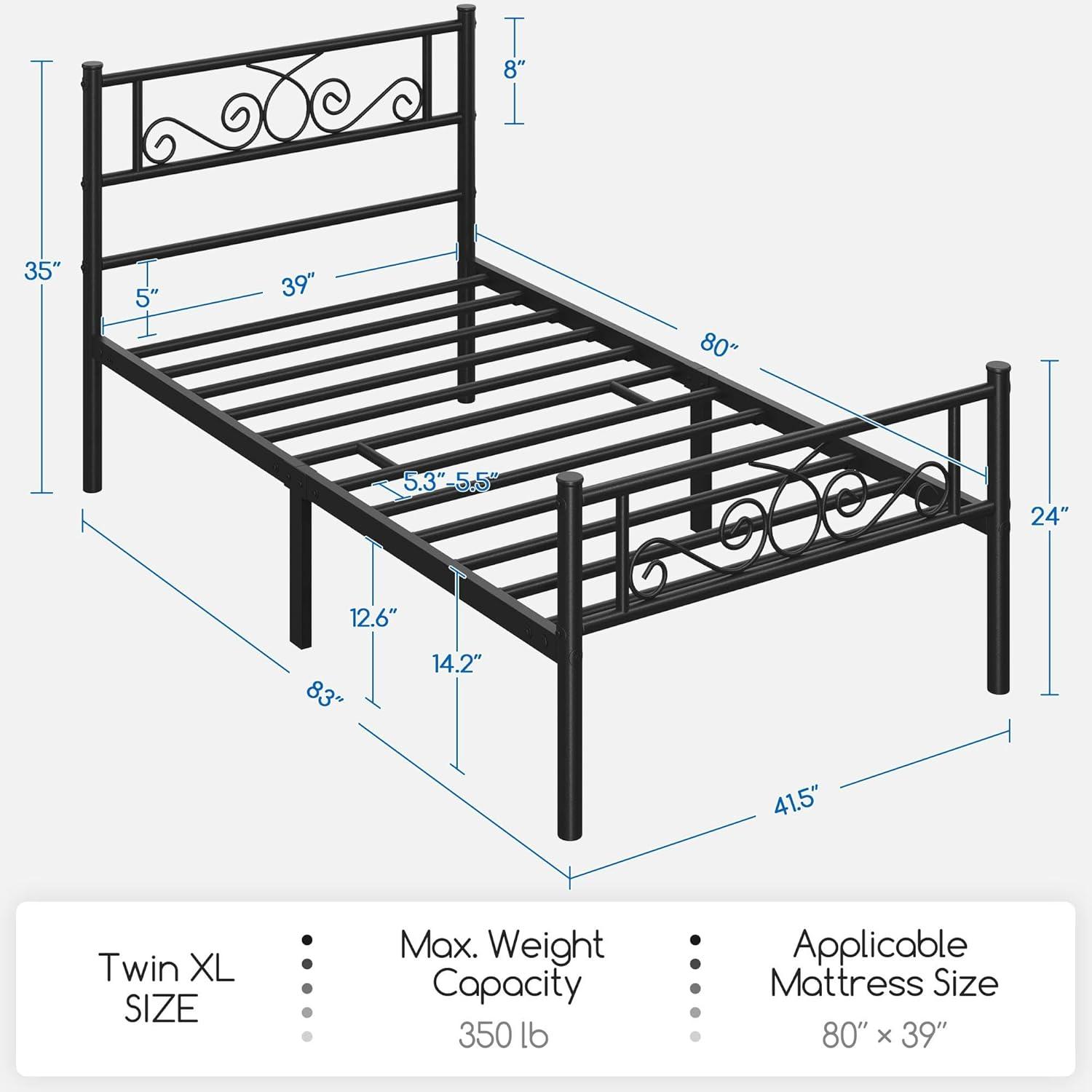 Black Twin XL Metal Platform Bed with Scroll Headboard and Footboard