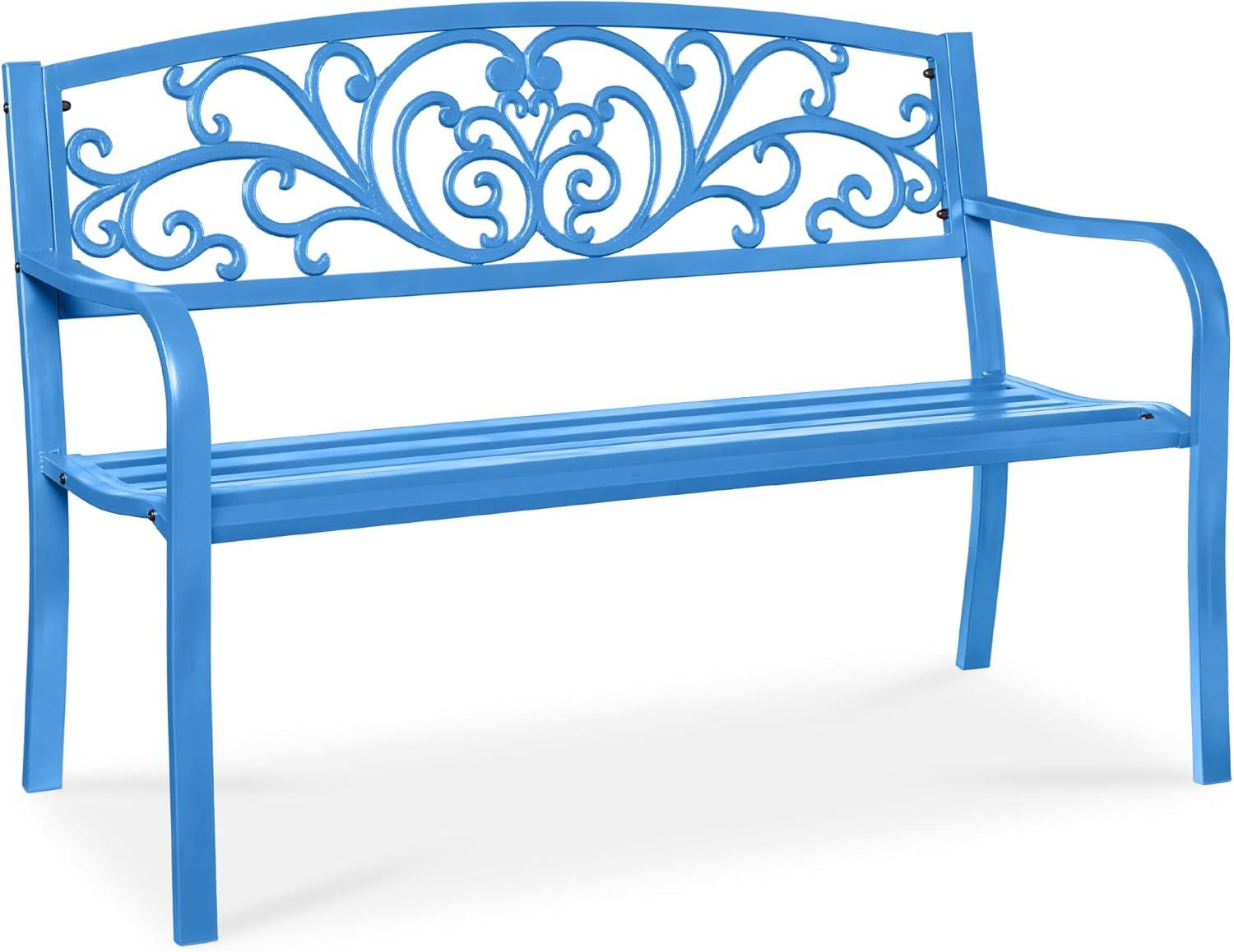 World Menagerie Outdoor Steel Bench with Floral Backrest & Slatted Seat, Marigold for Garden, Patio, Porch, Lawn, and Deck