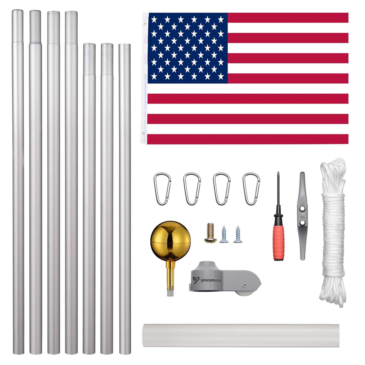 Yescom Bravery 25ft 13 Gauge Thicken Sectional Flag Pole Kit for Outside House with USA Flag Top Sliver Silver