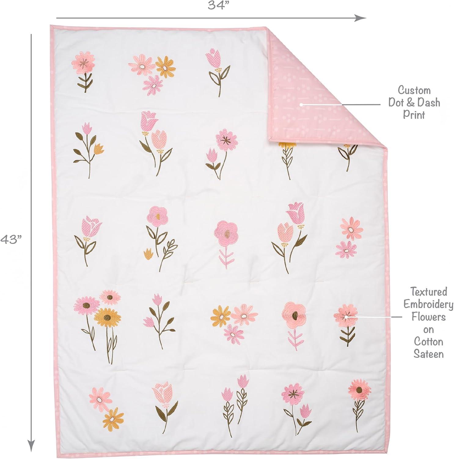 Lambs & Ivy Little Garden 3-Piece Embroidered Floral Baby Crib Bedding Set