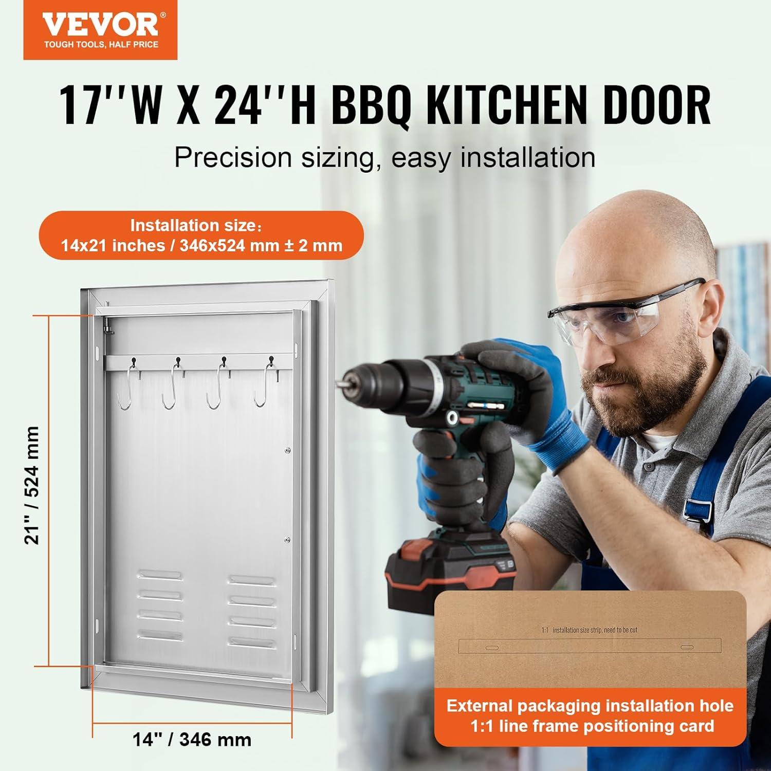 VEVOR Outdoor BBQ Kitchen Door - 14W x 20H Inch Stainless Steel Flush Mount Vertical Wall Door with Handle for Island, Grilling Station