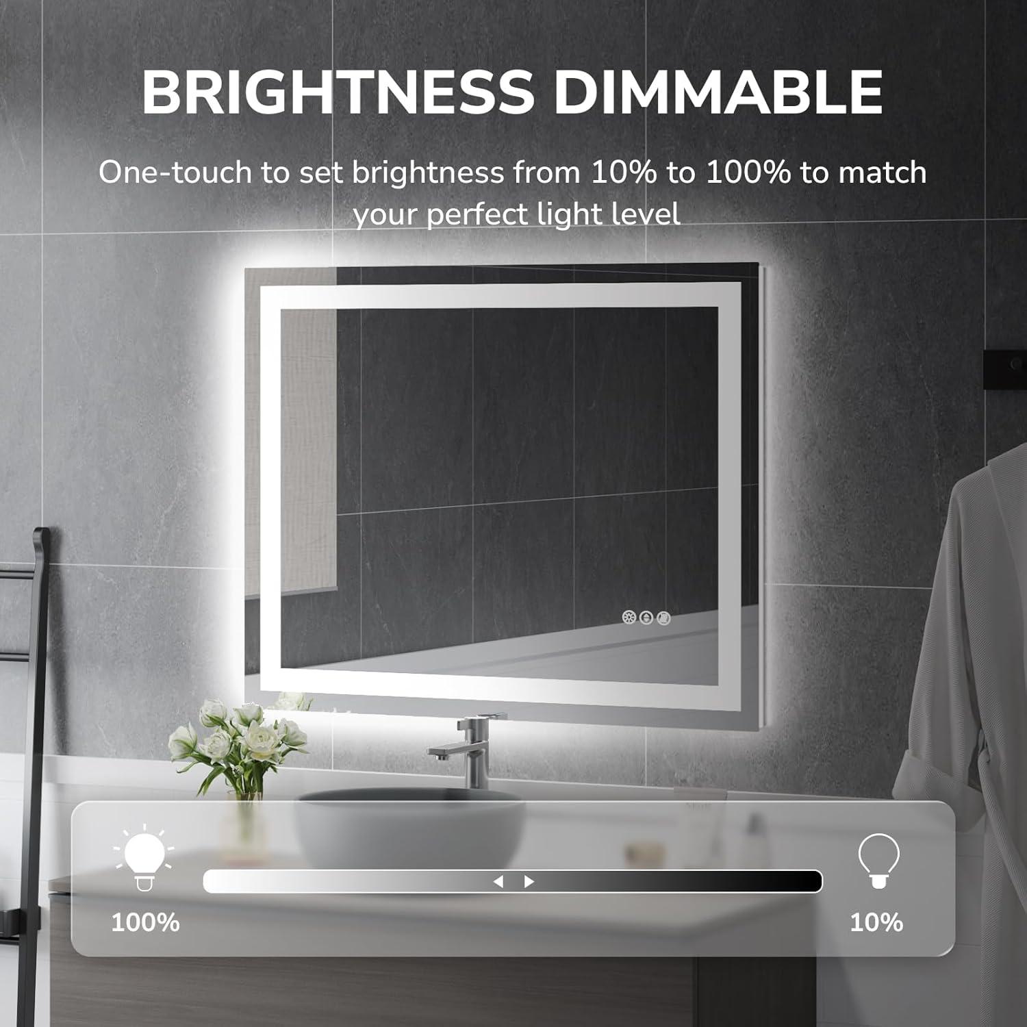 USHOWER 40x32 Inches LED Mirror for Bathroom, Frontlit & Backlit with Anti-Fog, 3 Colors Dimmable, Memory Function, Tempered Glass, ETL Listed