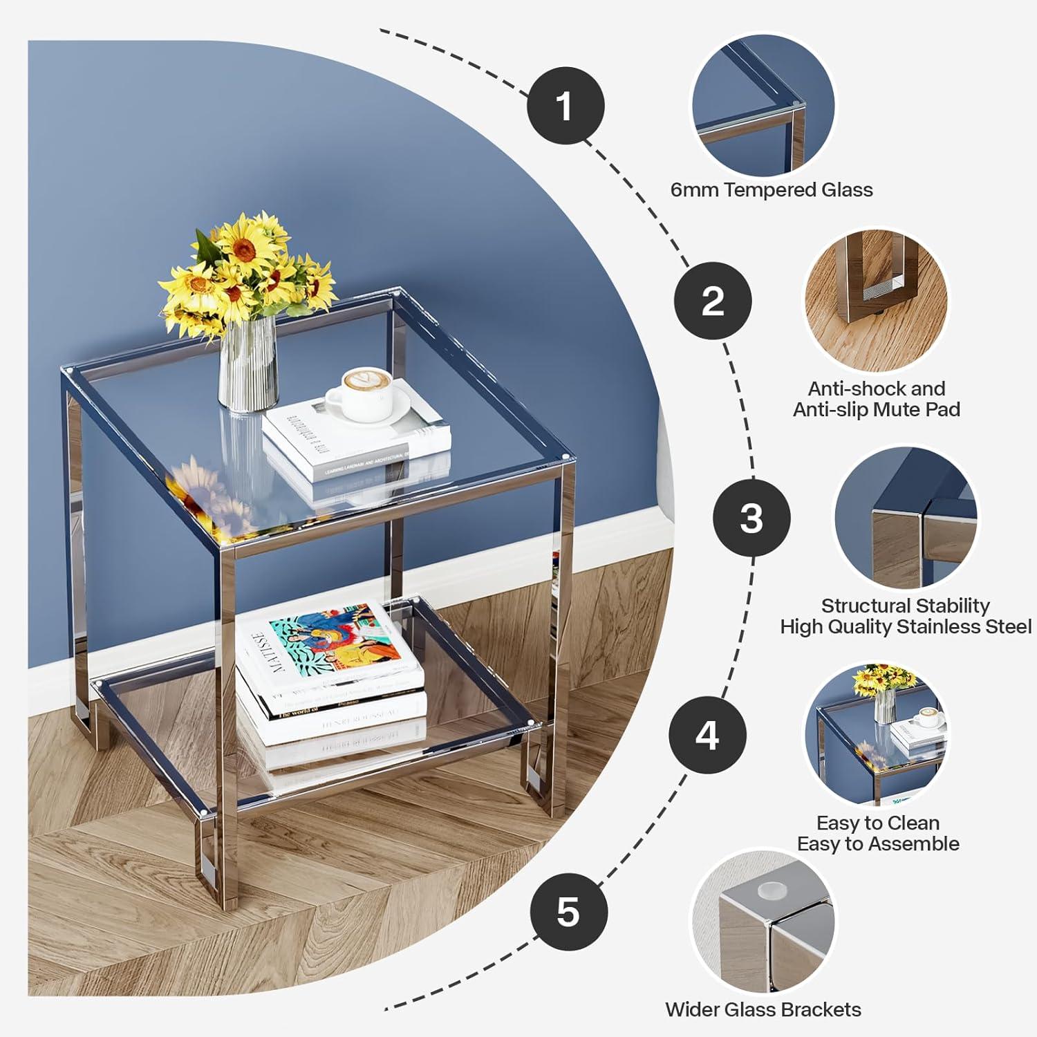 Silver Chrome and Glass 2-Tier Rectangular End Table