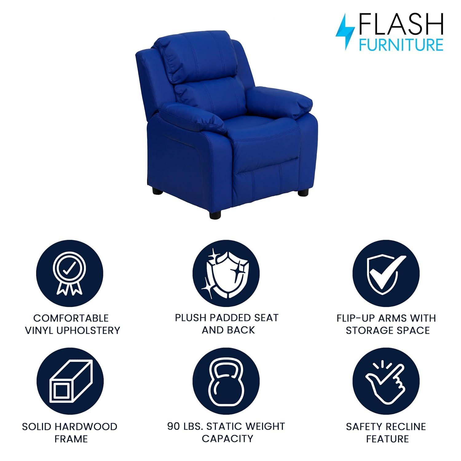 Flash Furniture Charlie Deluxe Padded Contemporary Blue Vinyl Kids Recliner with Storage Arms