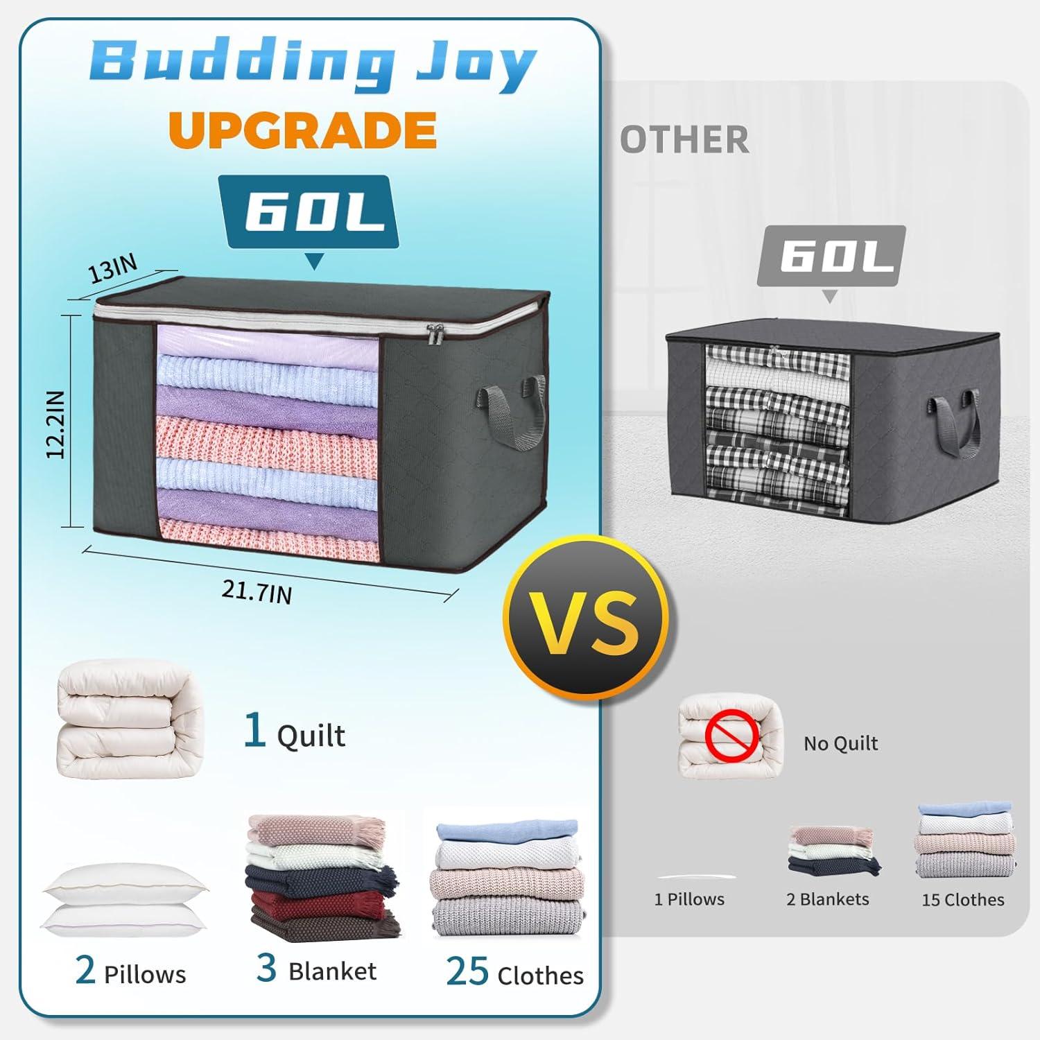 Budding Joy Clothes Storage, Foldable Large Blanket Storage Bags with Zippers, Storage and Organization for Clothing, Comforter, Bedding, Toys, Closet Organizers with Enhanced Handle, 60L 6 Pack Gray