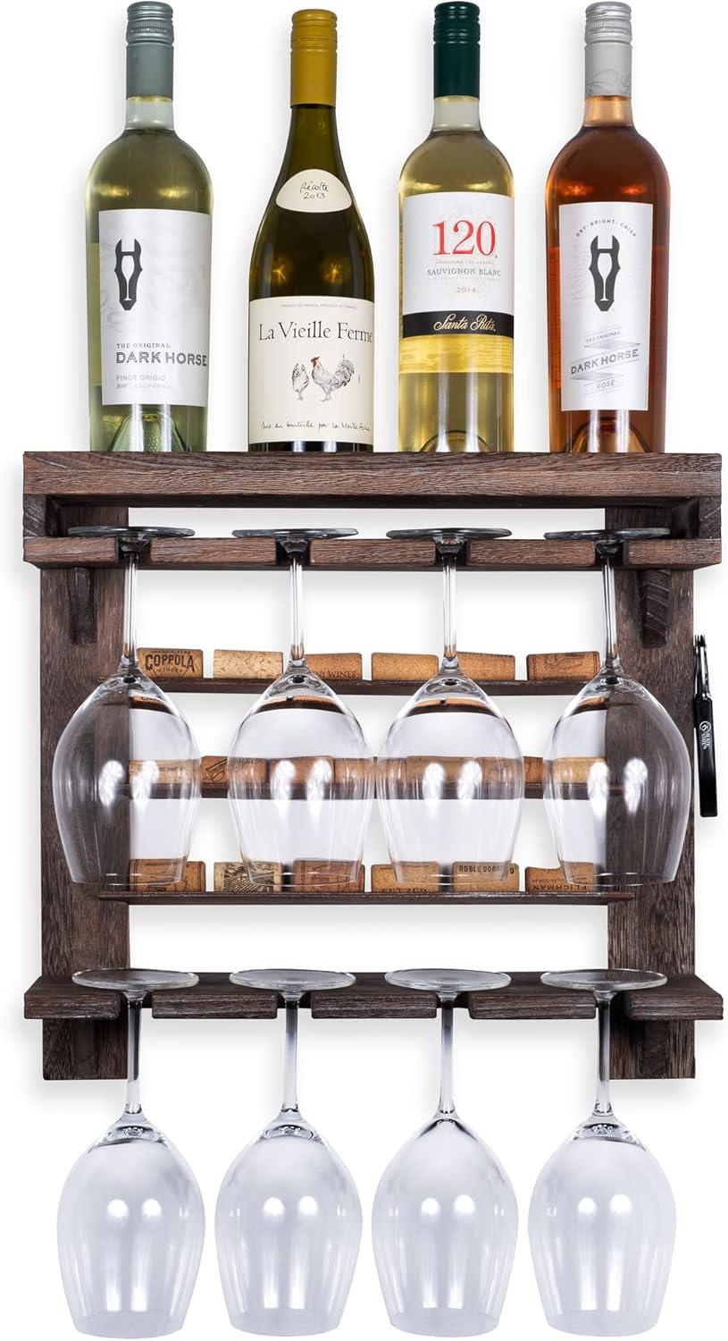 Rustic Dark Wood Wall-Mounted Wine Rack with Stemware Holder