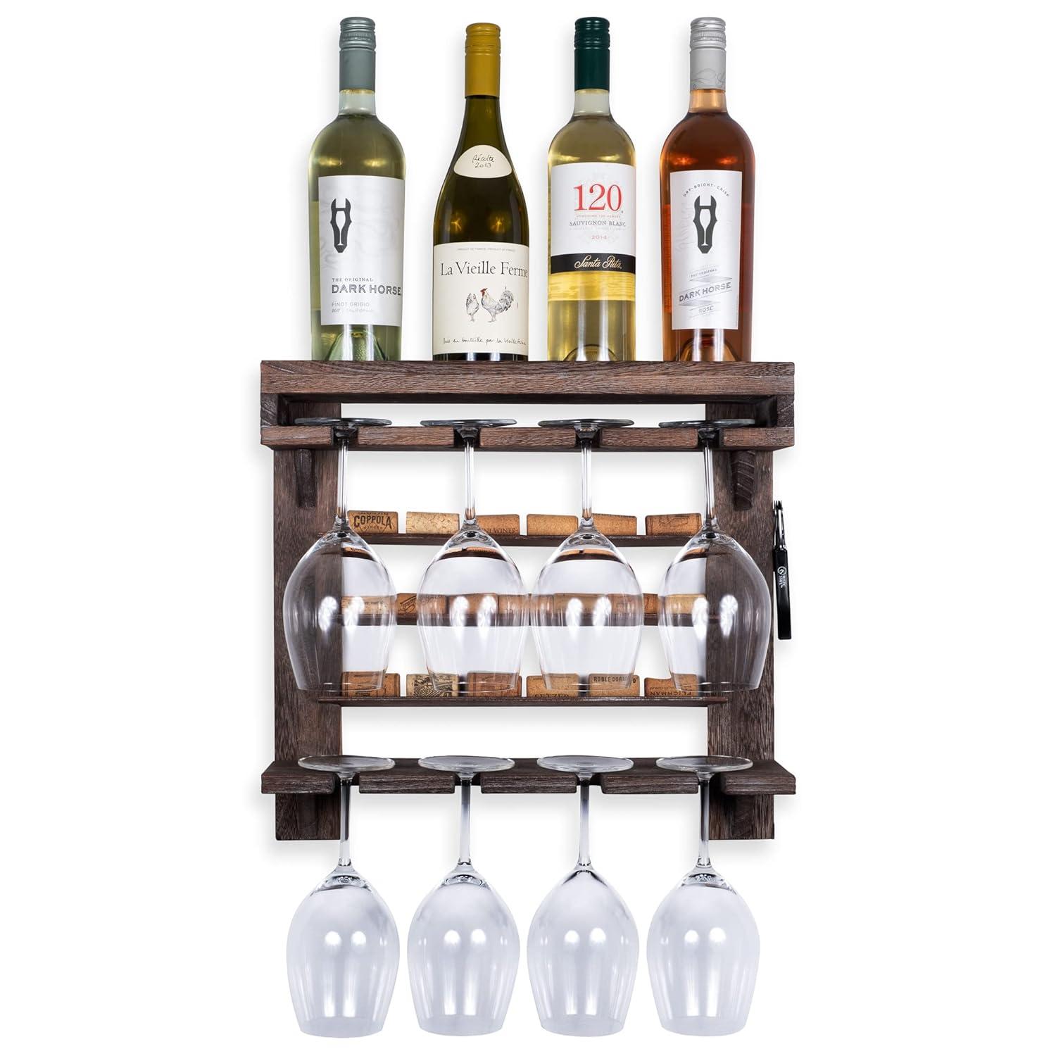 Rustic Dark Wood Wall-Mounted Wine Rack with Stemware Holder
