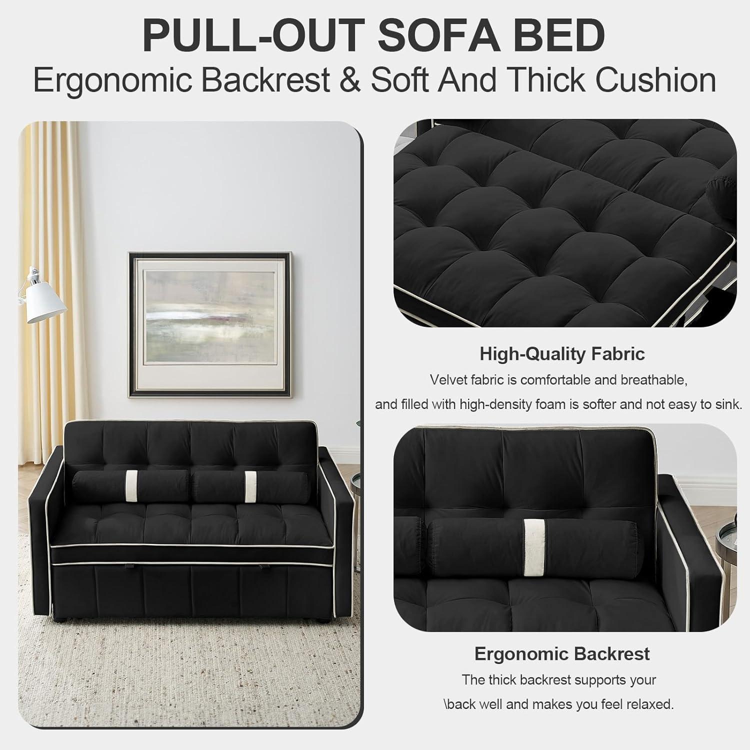 3 in 1 Convertible Sleeper Sofa Bed,55" Modern Velvet Sofa Couch Bed with 2 Lumbar Pillows and Adjsutable Backrest,2 Seater Loveseats Sofa for Apartment Office Living Room,Black