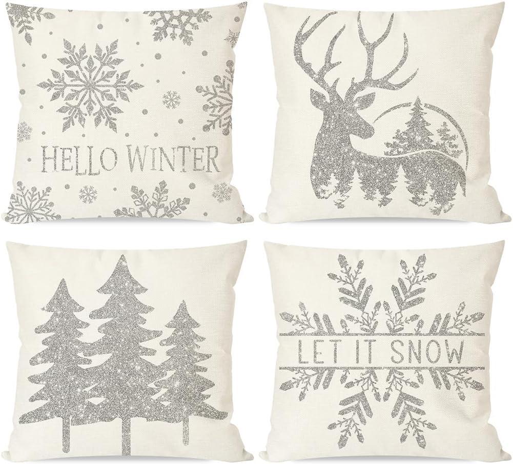 Gray and White Polyester Euro Christmas Pillow Covers Set of 4