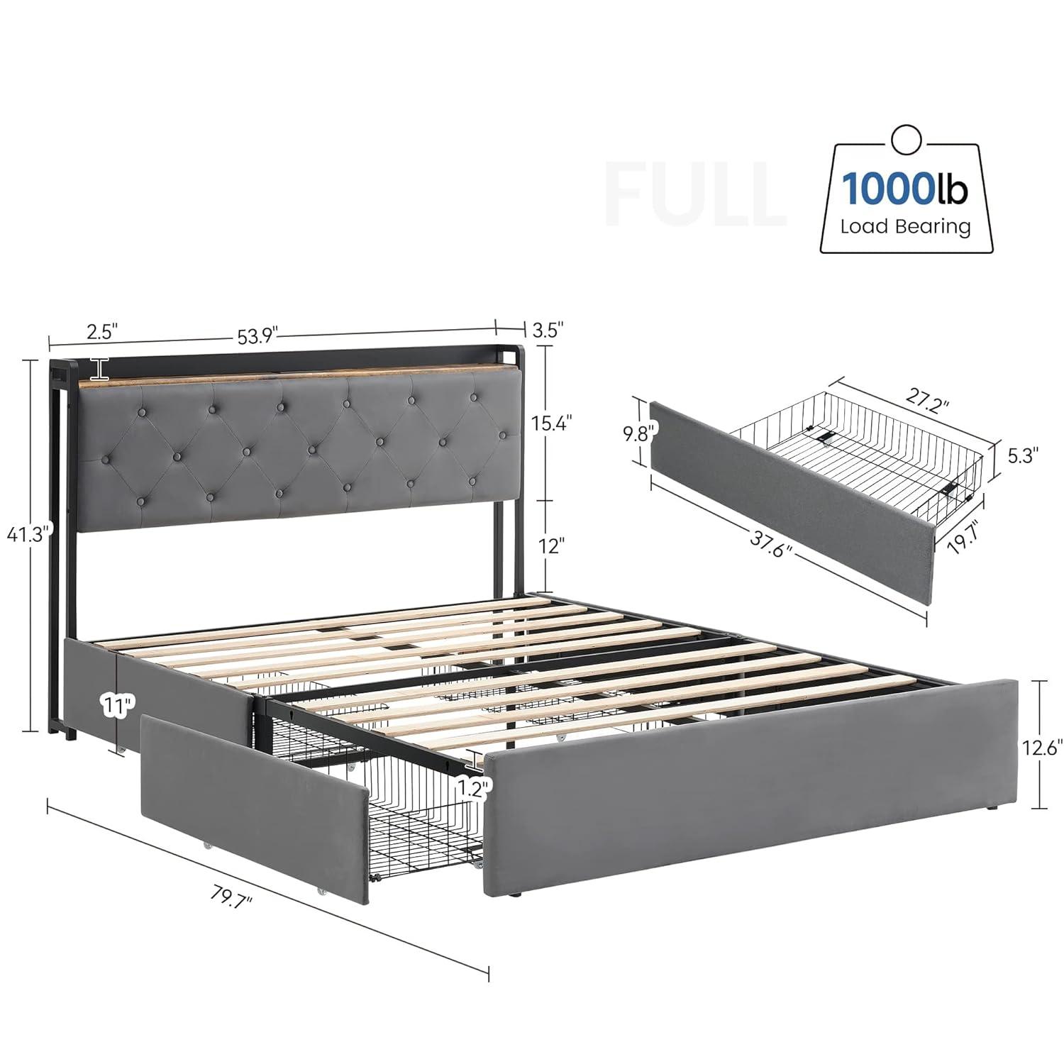 GarveeHome Full Size Bed Frame with 4 Storage Drawers and Charging Station, Upholstered Velvet Platform Bed Frame with Storage Headboard and Sturdy Wooden Slats Support, No Box Spring Needed