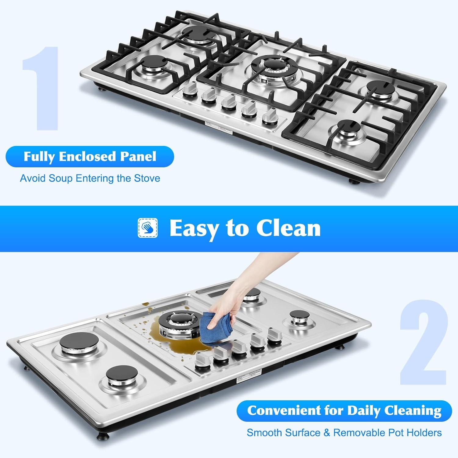 Built-in Stove Hob LPG/NG Gas 5 Burner Cooker Stainless Steel Gas Cooktop 34"