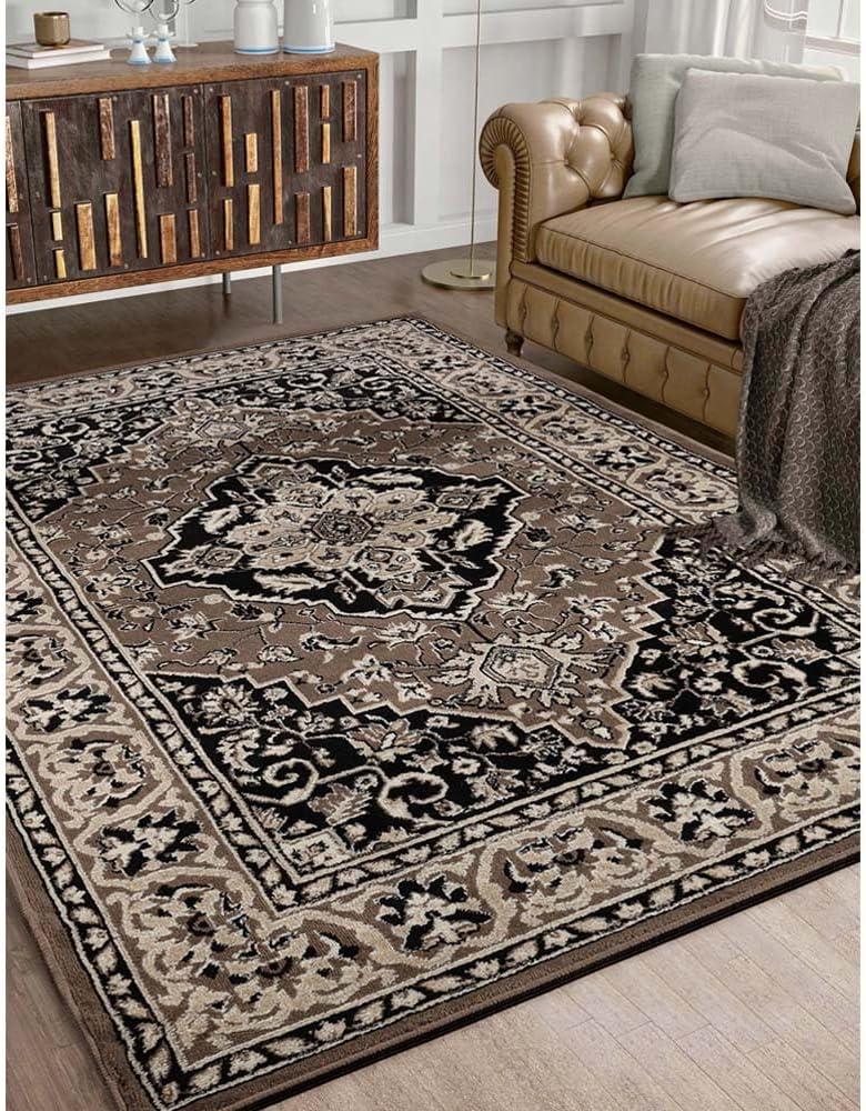 Elegant Brown Floral Medallion 6'x4' Low Pile Area Rug