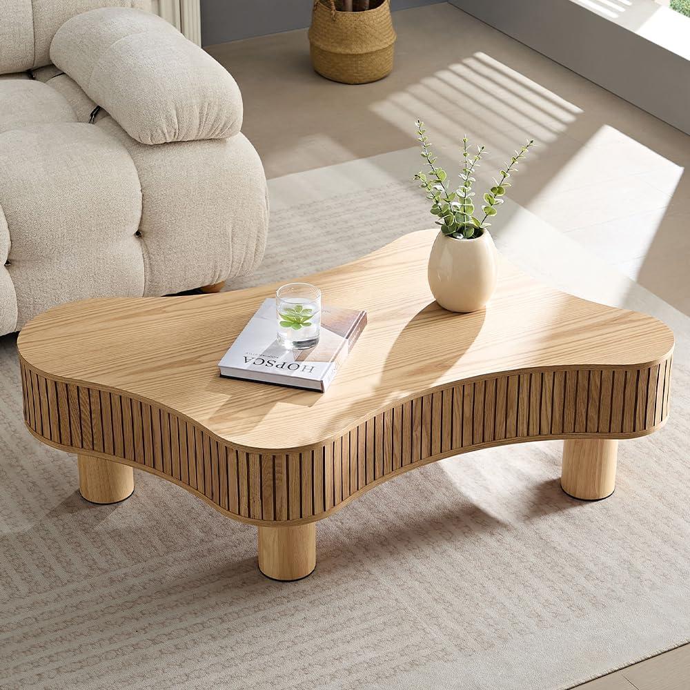 Natural Wood Irregular Shaped Coffee Table with Solid Legs