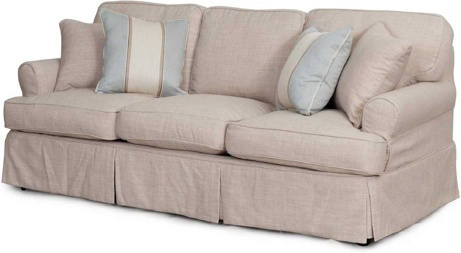 The Hamptons Collection 85” Linen Beige T-cushion Sofa Cover with Back and Seat Cushion Cover and