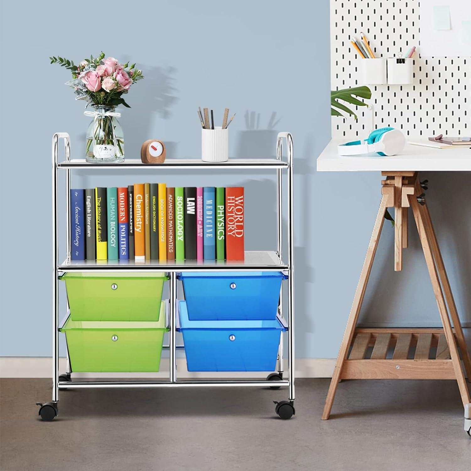 Costway 4 Drawers Rolling Storage Cart Metal Rack Shelf Home Office Furniture 2 Shelves