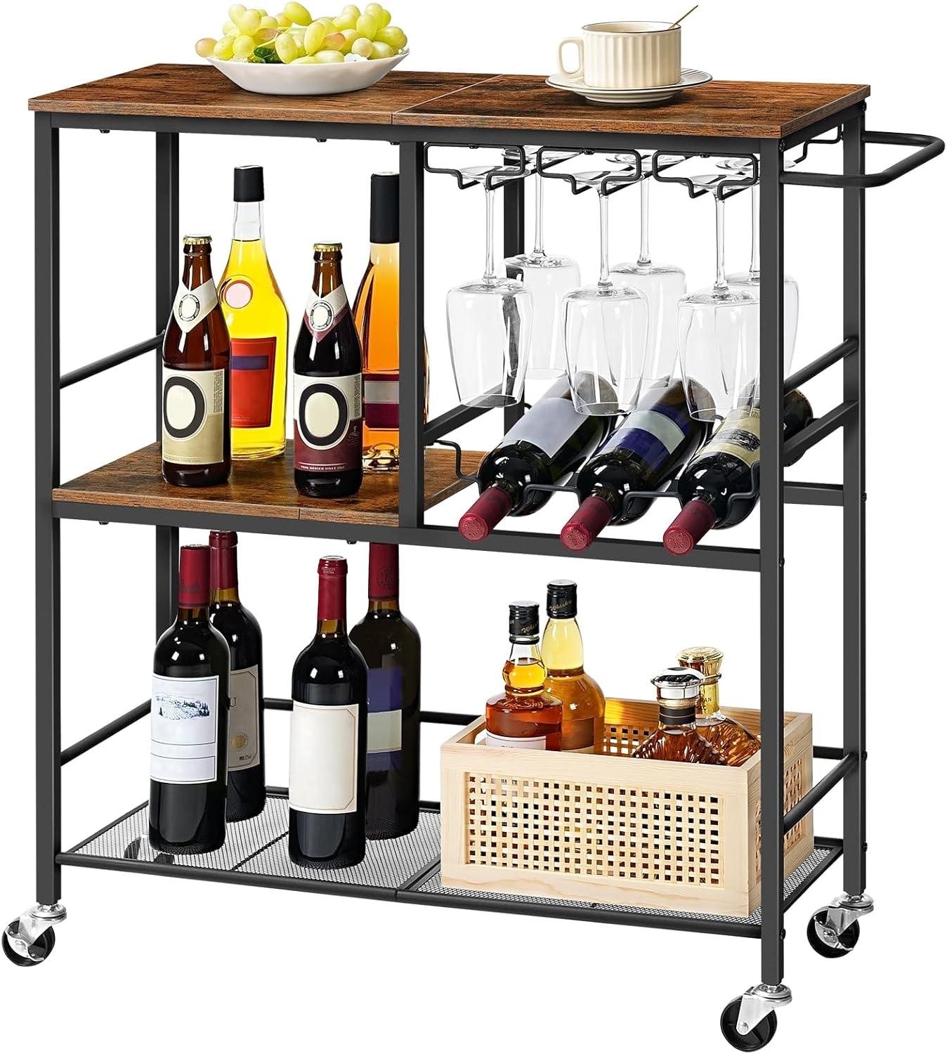 HOOBRO Bar Cart for The Home, 29.5 inches 3-Tier Serving Cart with Wheels, Rolling Kitchen Cart with Wine Rack and Glass Holder for Living Room, Party, Bar, Rustic Brown and Black BF21TC01G1