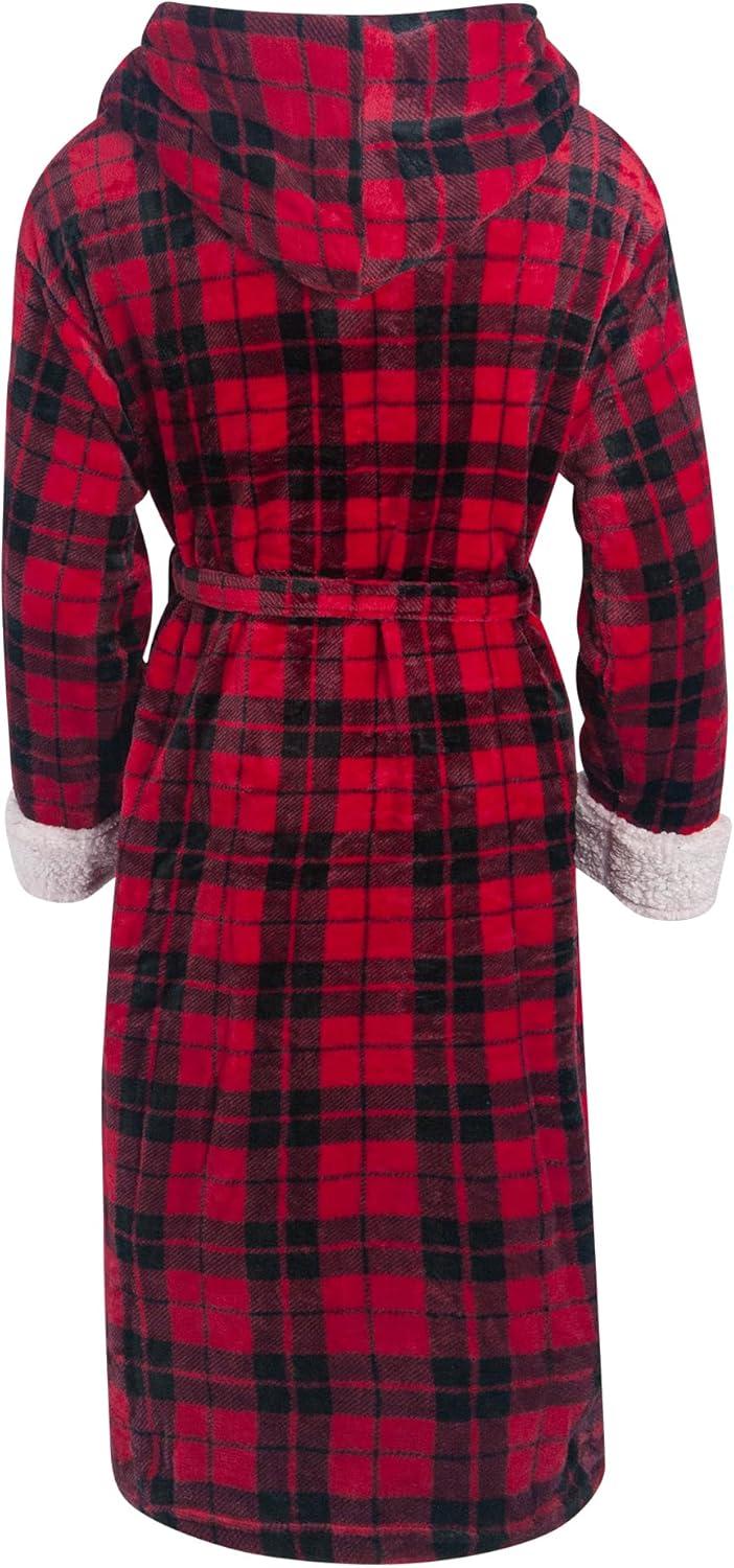 ADR Men's Warm Winter Plush Hooded Bathrobe, Full Length Fleece Robe with Hood Red Black Plaid with Cream Medium