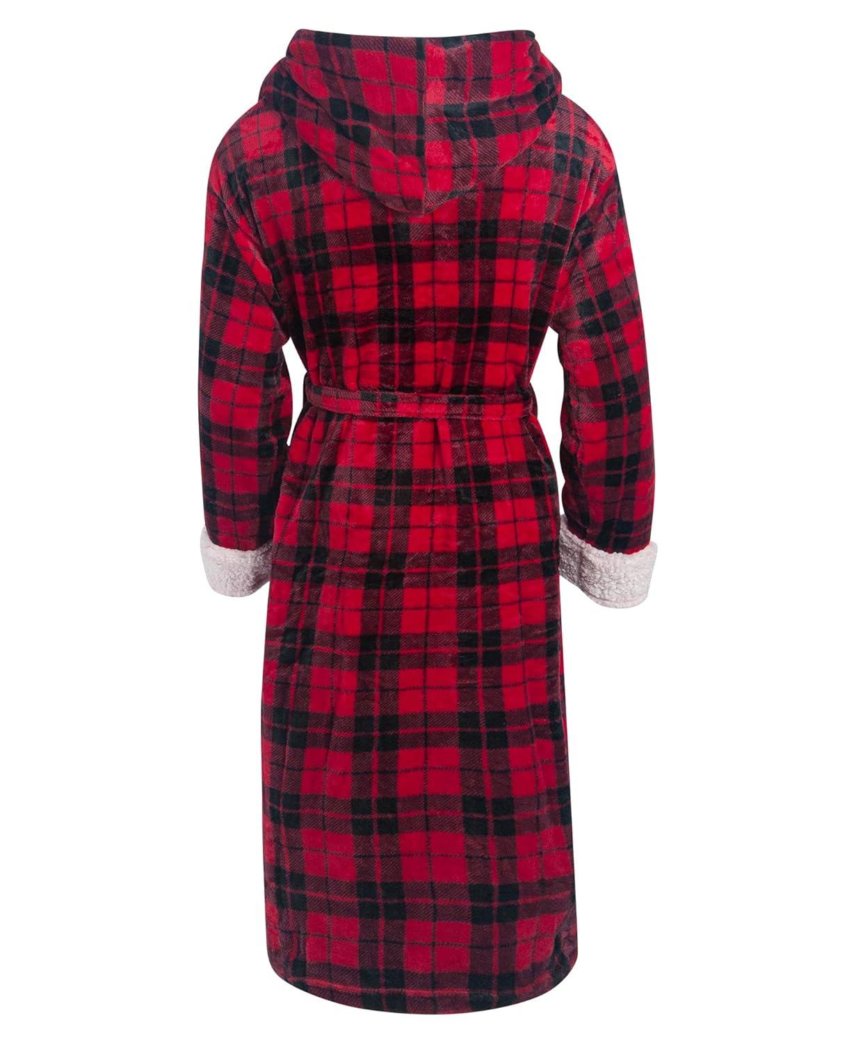 ADR Men's Warm Winter Plush Hooded Bathrobe, Full Length Fleece Robe with Hood Red Black Plaid with Cream Medium