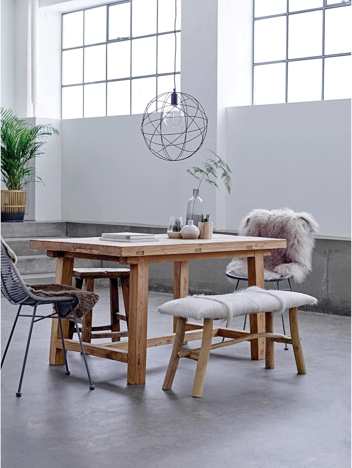 White Goat Fur and Oak Wood Bench