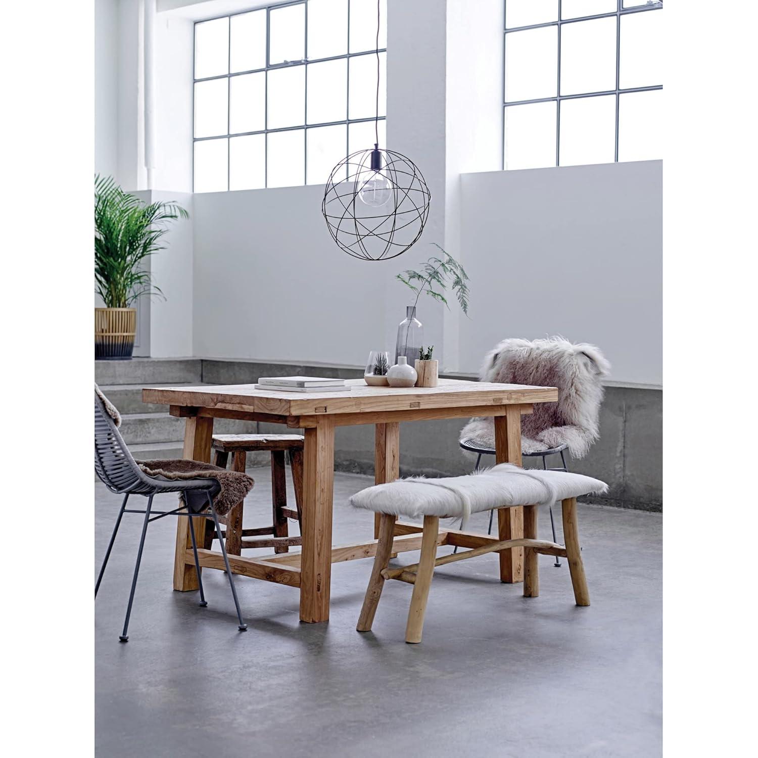 White Goat Fur and Oak Wood Bench